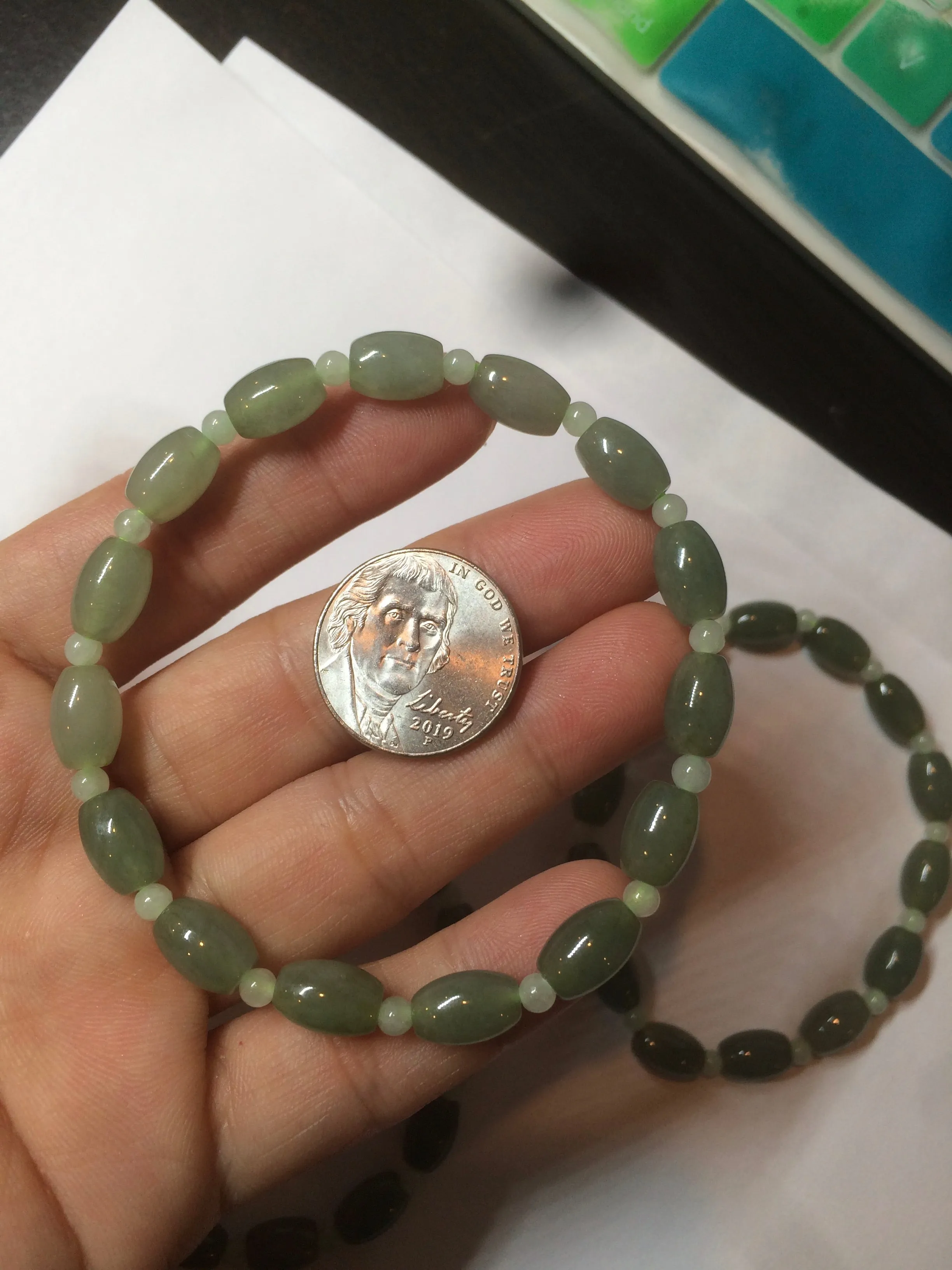 100% natural  type A oily dark green olive  round jadeite jade bead  bracelet AT91