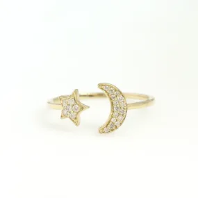 14K Yellow Gold Star And Moon Ring 0.12 Ctw