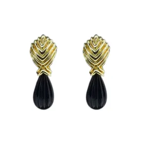 18KT Y/G Carved Onyx Drop Earrings