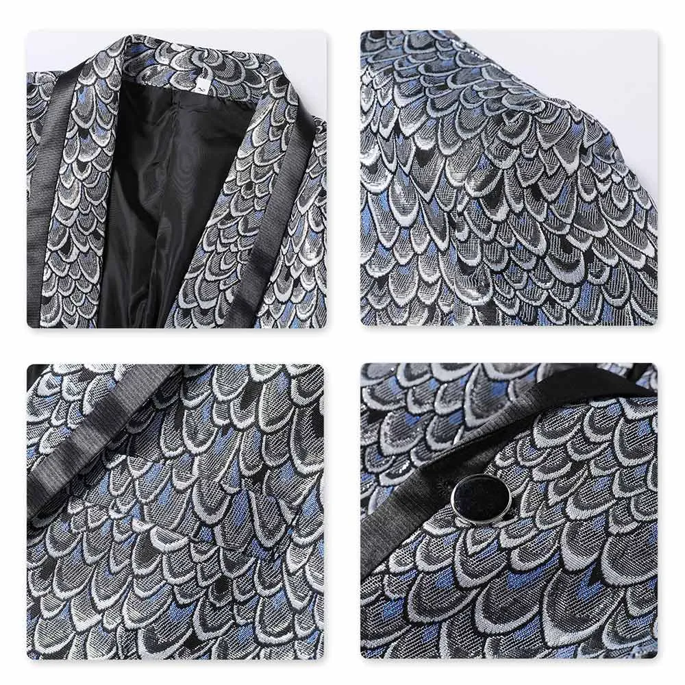 2-Piece Slim Fit Fish Scales Silver Sequin Suit