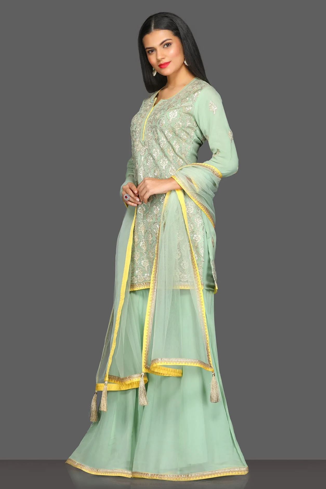 50Z109-RO Mint Green Embroidered Sharara Suit with Dupatta