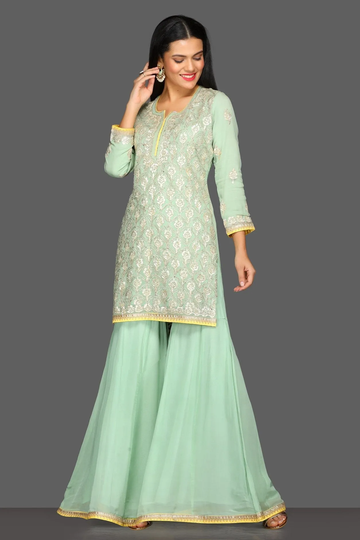 50Z109-RO Mint Green Embroidered Sharara Suit with Dupatta