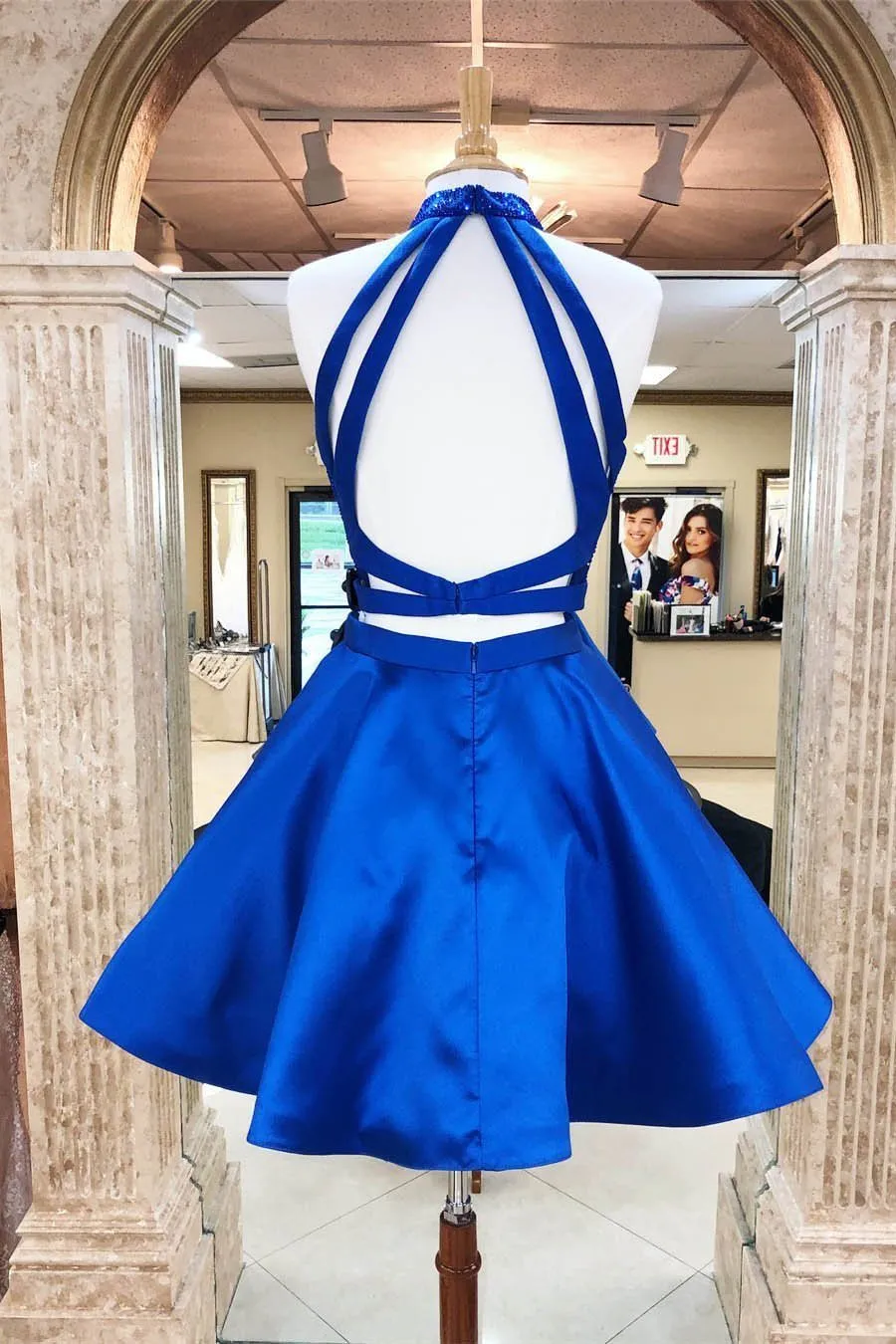 A Line Royal Blue Two Pieces Open Back Beaded Short Prom Dresses Homecoming Dresses