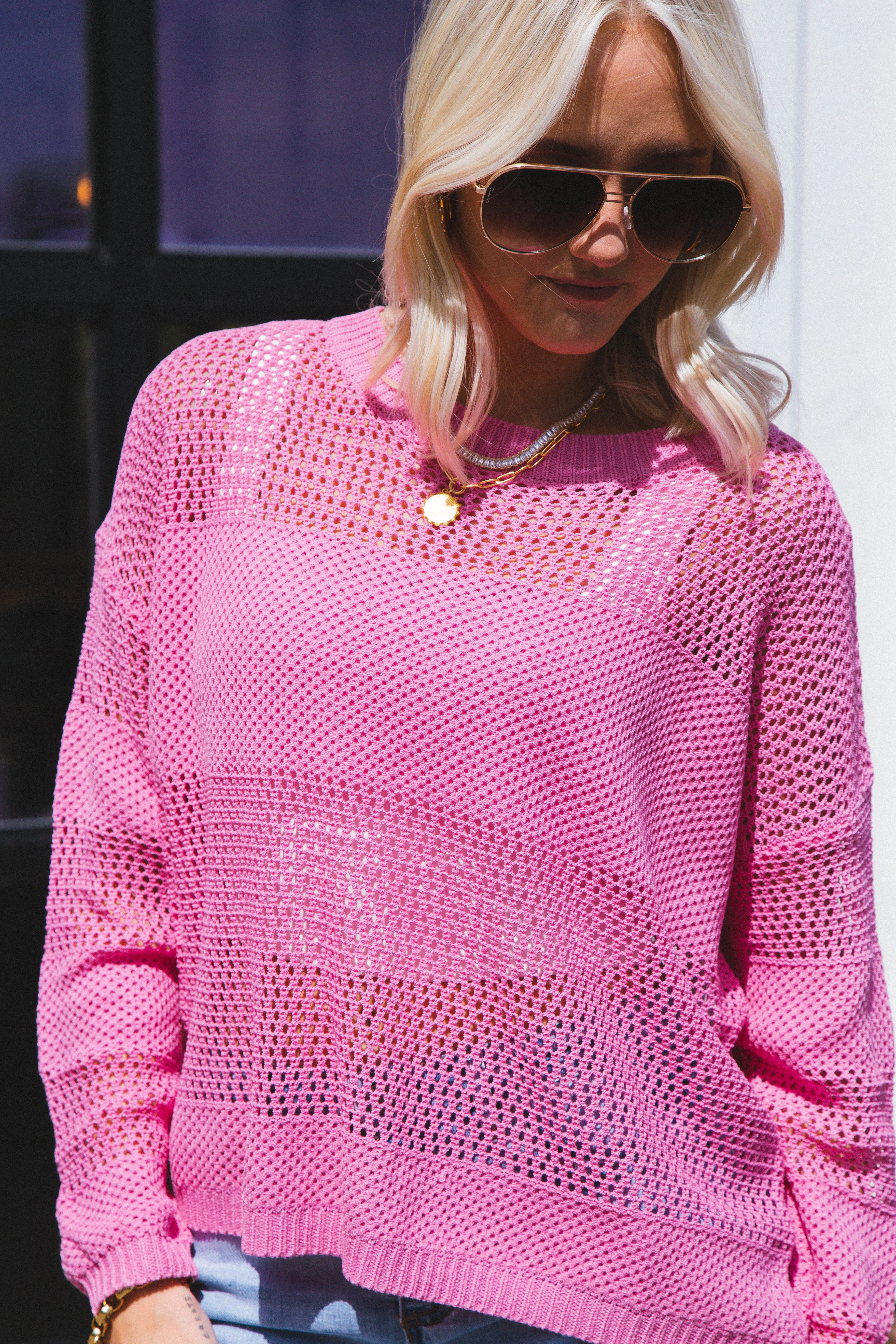 Andrea Fishnet Sweater, Hot Pink