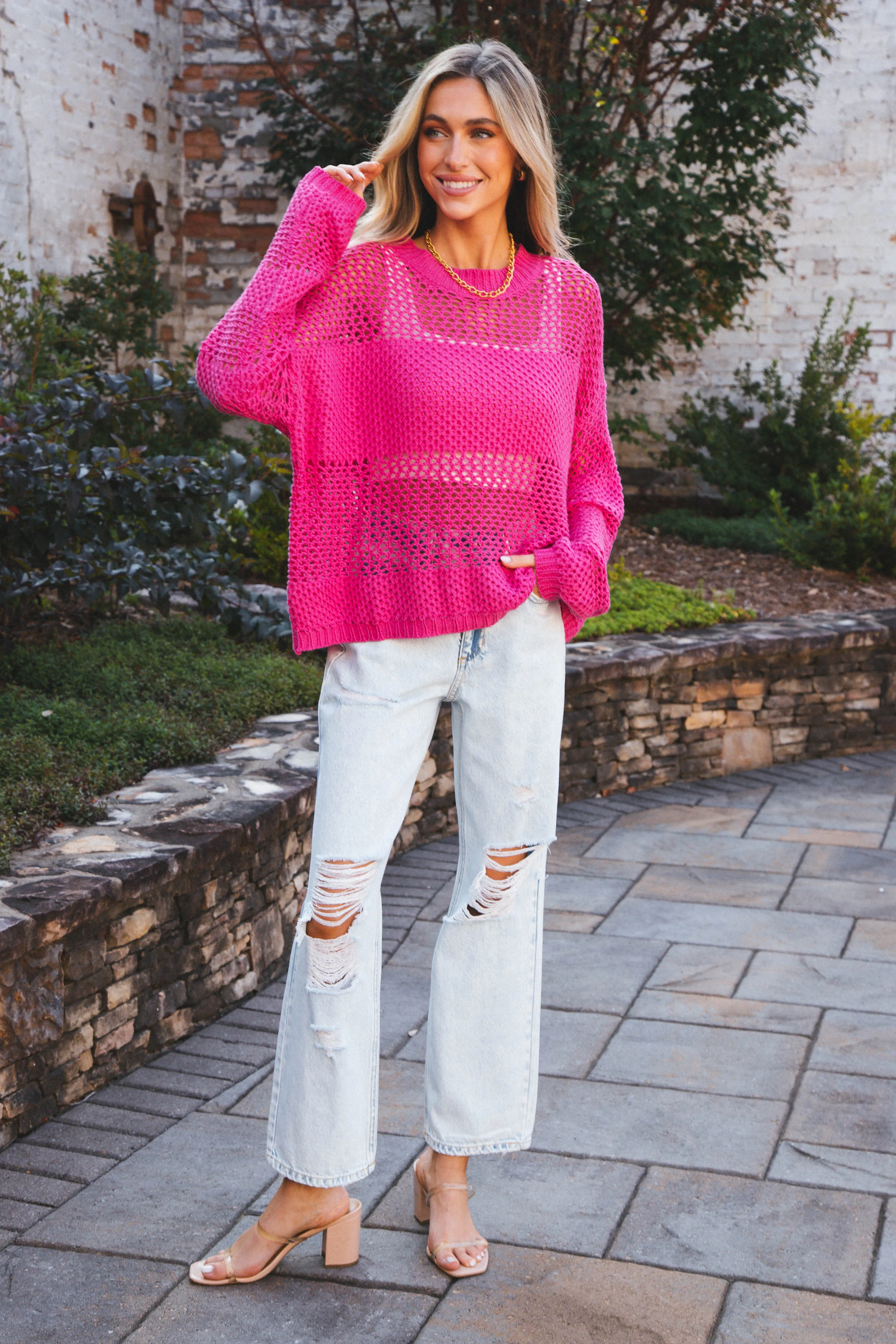 Andrea Fishnet Sweater, Hot Pink