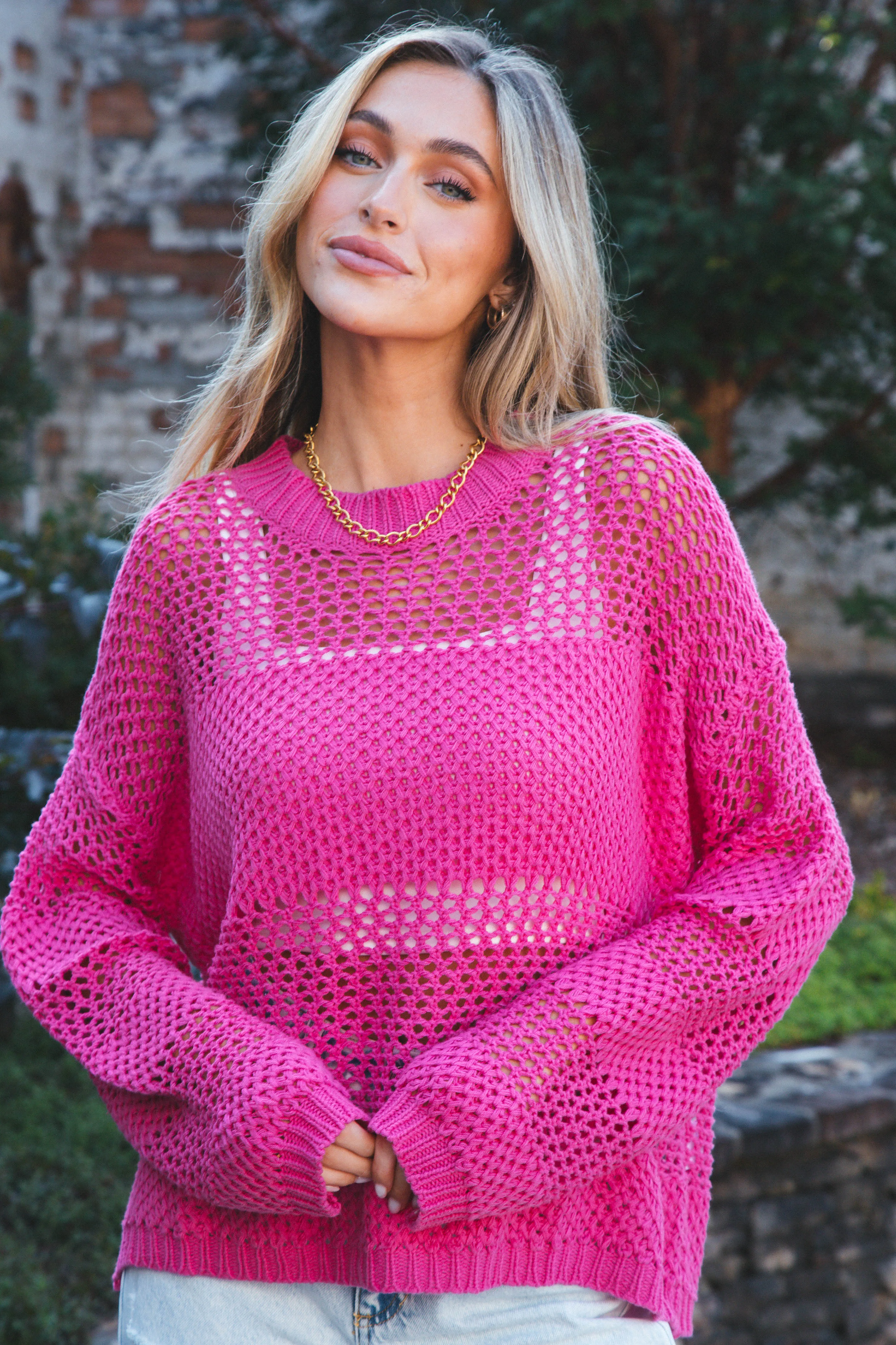 Andrea Fishnet Sweater, Hot Pink