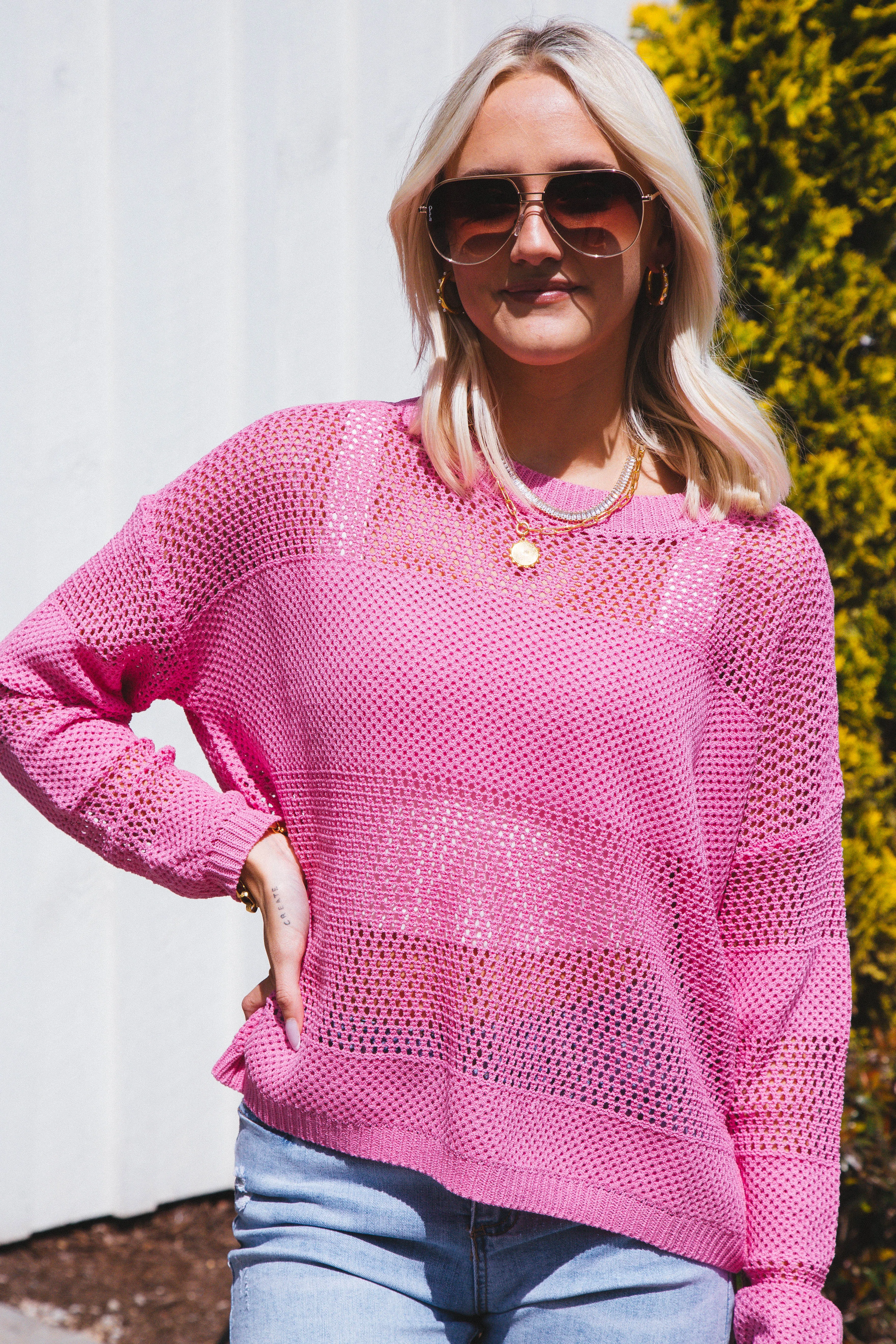 Andrea Fishnet Sweater, Hot Pink