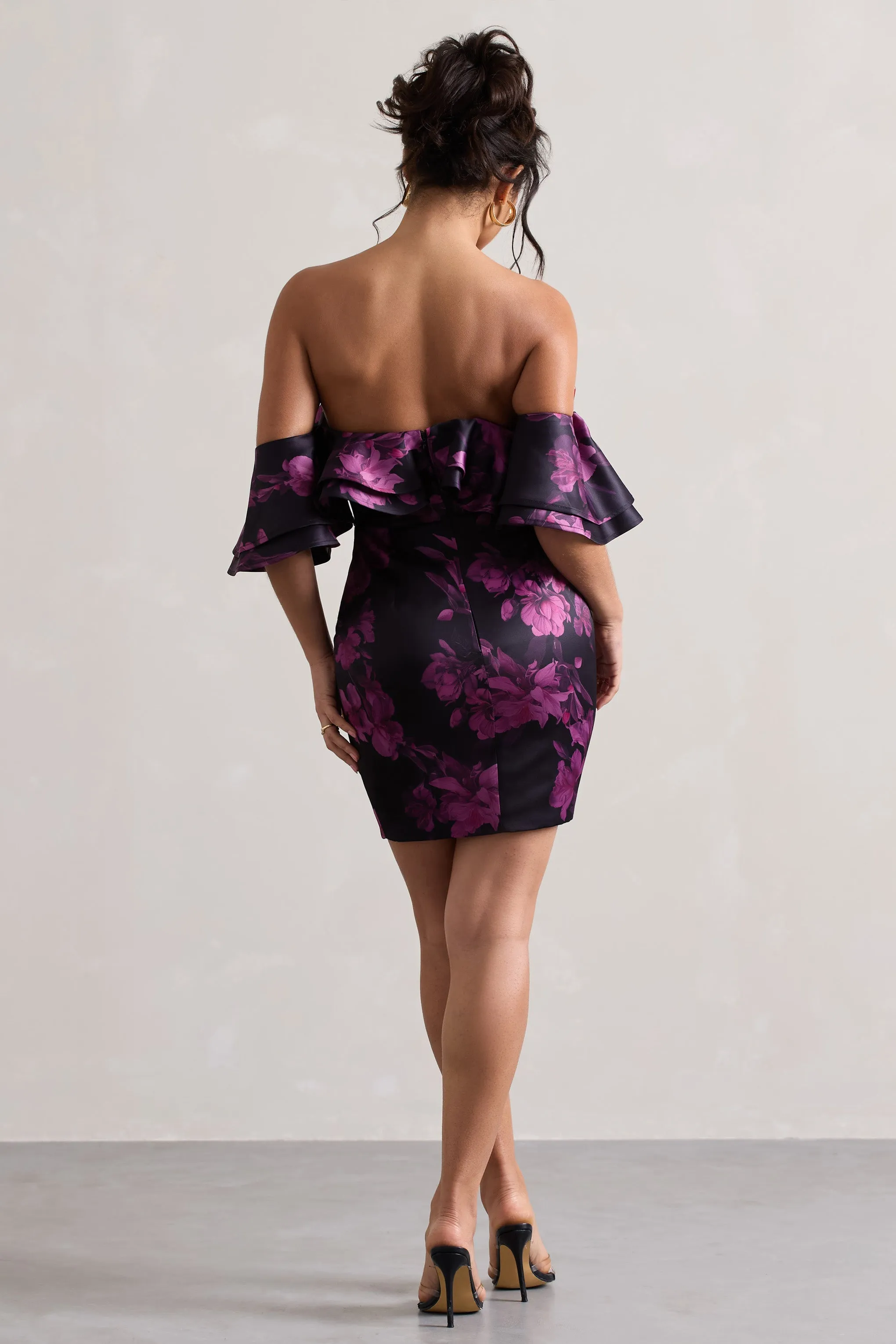 Aspen | Black Floral Print Bardot Mini Dress With Ruffles