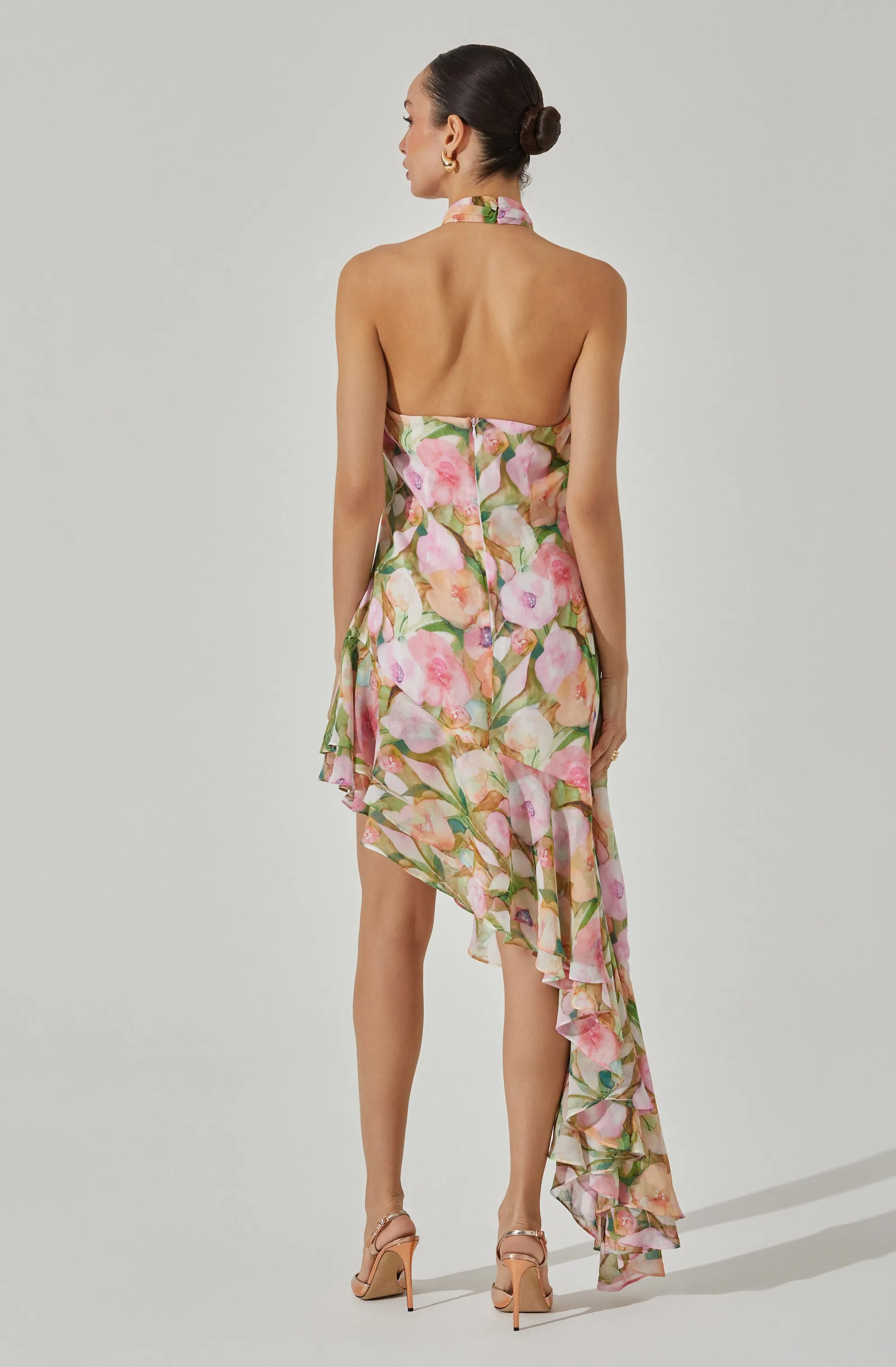 Asymmetric Floral Halter Midi Dress