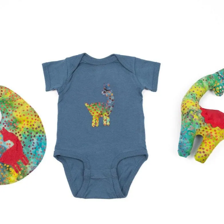 Baby Onesie in Blue with Hand-Appliquéd Llama in Fiesta Batik