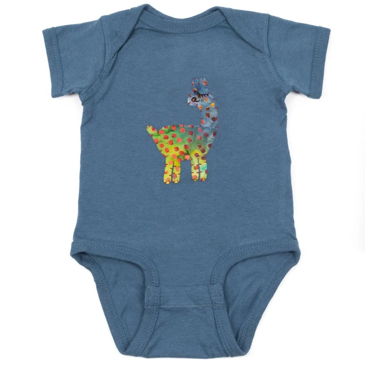 Baby Onesie in Blue with Hand-Appliquéd Llama in Fiesta Batik