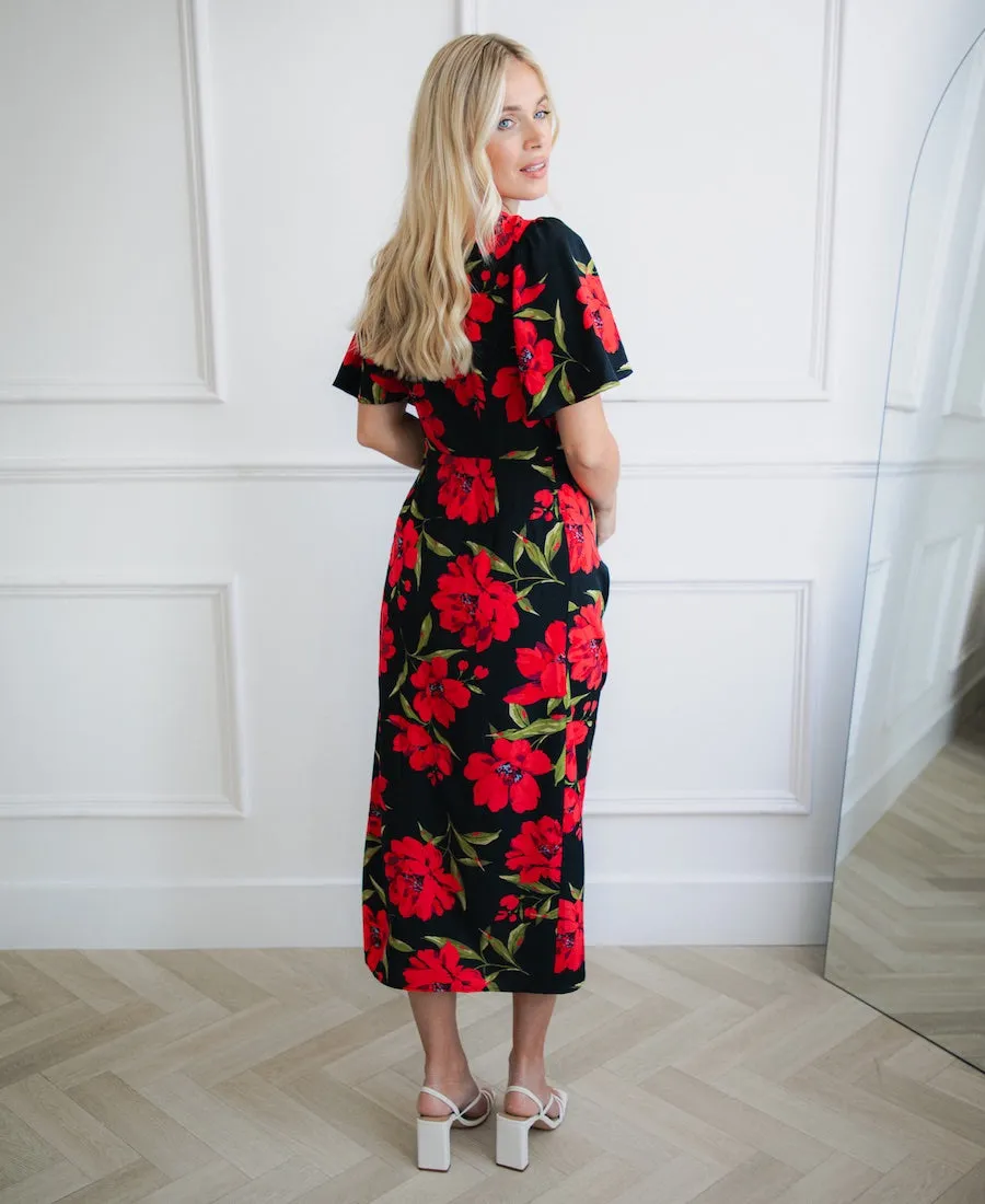 Black and Red Floral Wrap Midi Dress