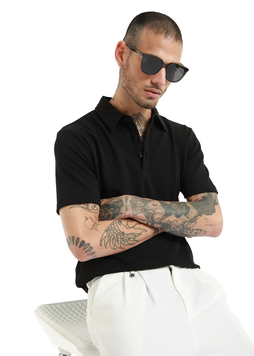 Black classic Textured Polo Tshirt