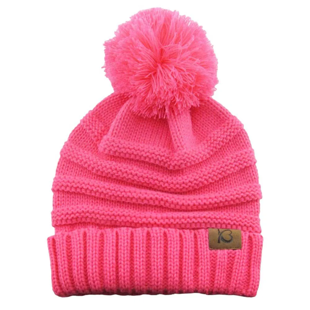 Cable Knit Ribbed Chunky Pom Pom Beanie Hat