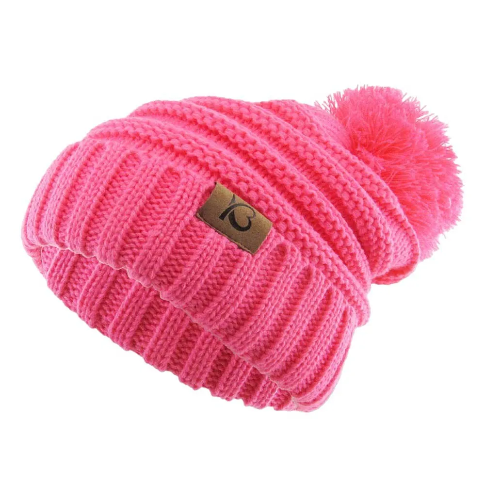 Cable Knit Ribbed Chunky Pom Pom Beanie Hat