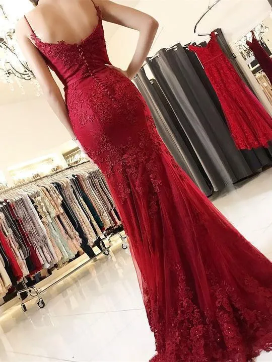 Cheap Red Spaghetti Straps Sweetheart Mermaid With Lace Appliques Prom Dresses