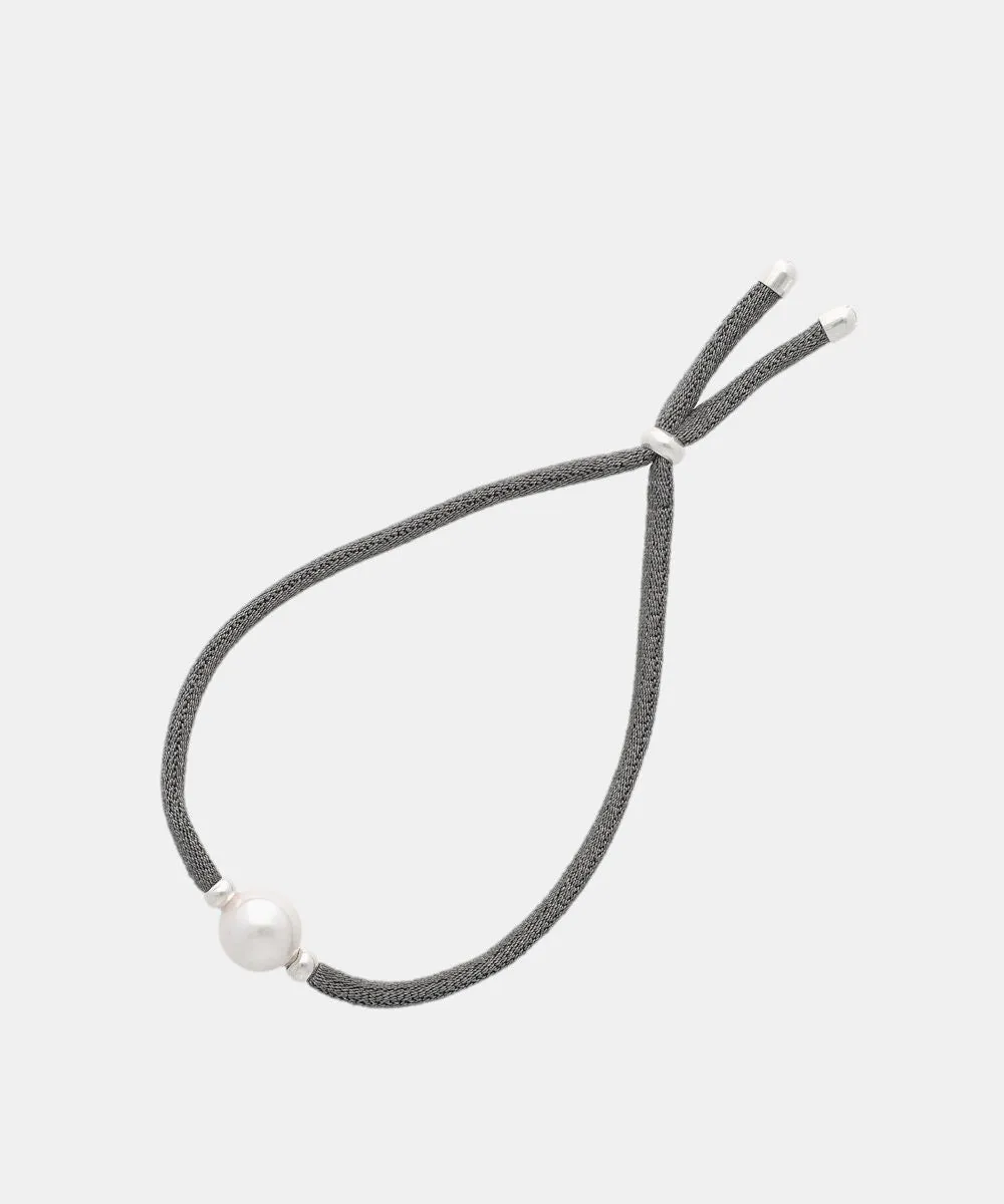 Dark Grey Elastic Bracelet for Women with Organic Pearl, 8mm Round White Pearl, Adjustable 7.8 Length, Sifnos Collection