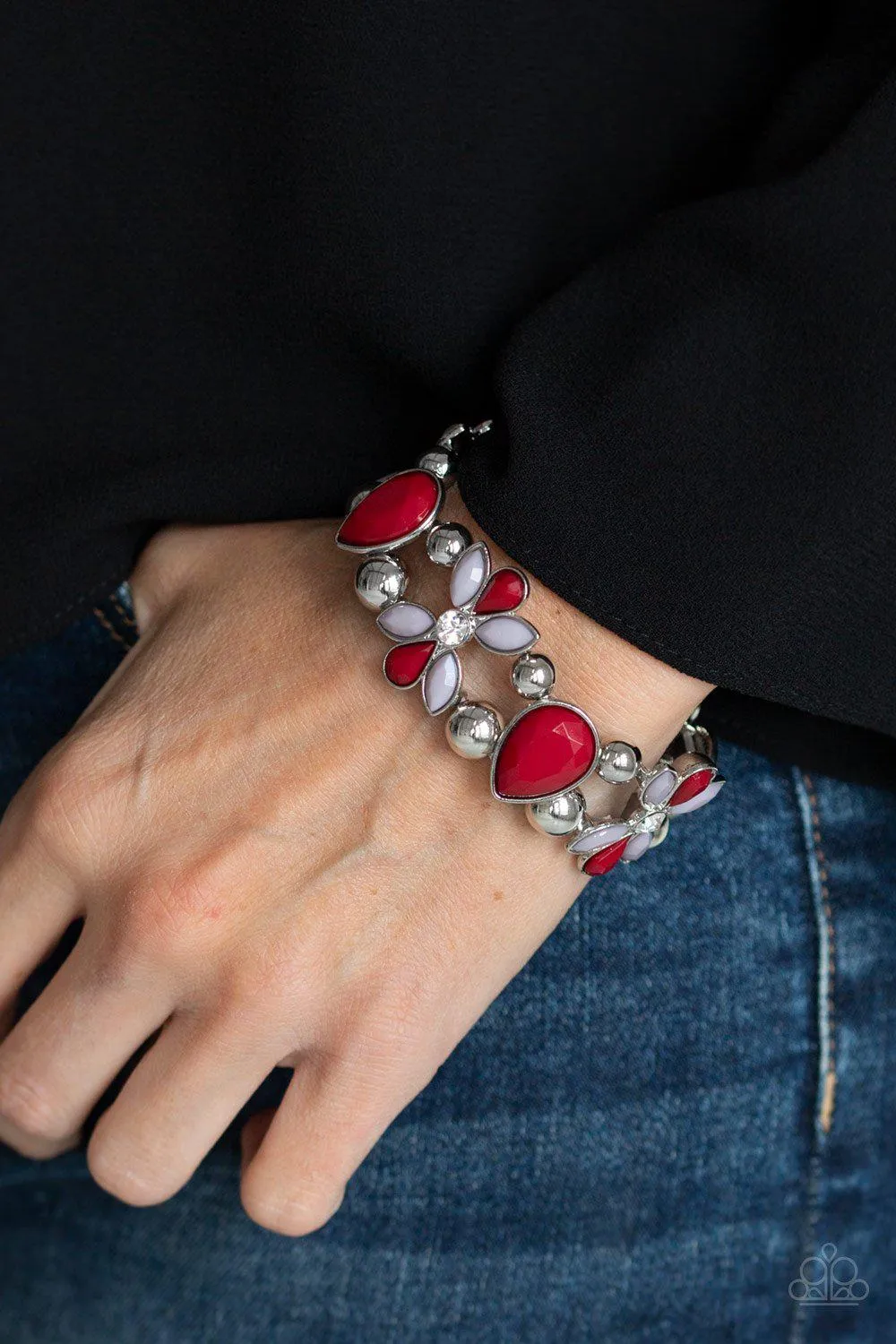 Fabulously Flourishing Red and Silver Bracelet - Paparazzi Accessories