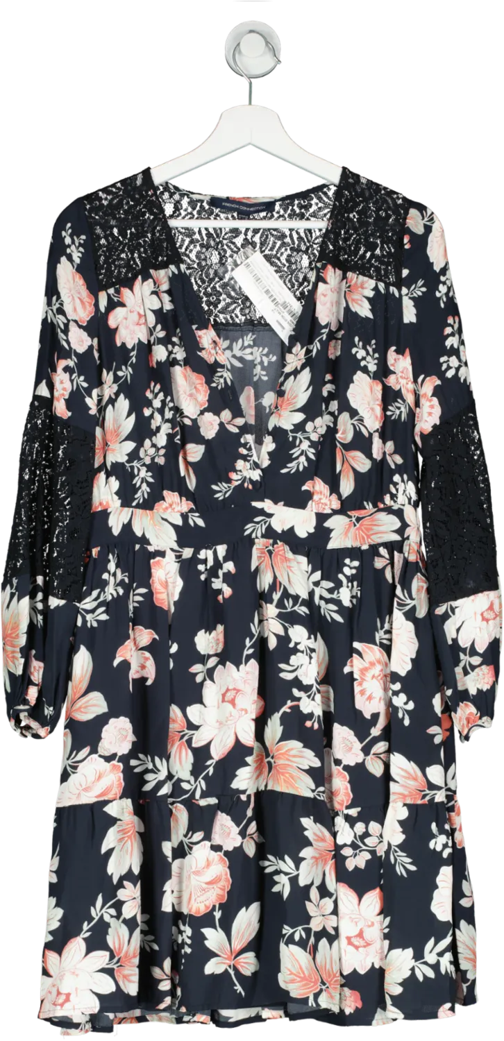 French Connection Black Crepe Floral Lace Insert Dress Bnwt UK 14