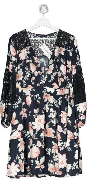 French Connection Black Crepe Floral Lace Insert Dress Bnwt UK 14