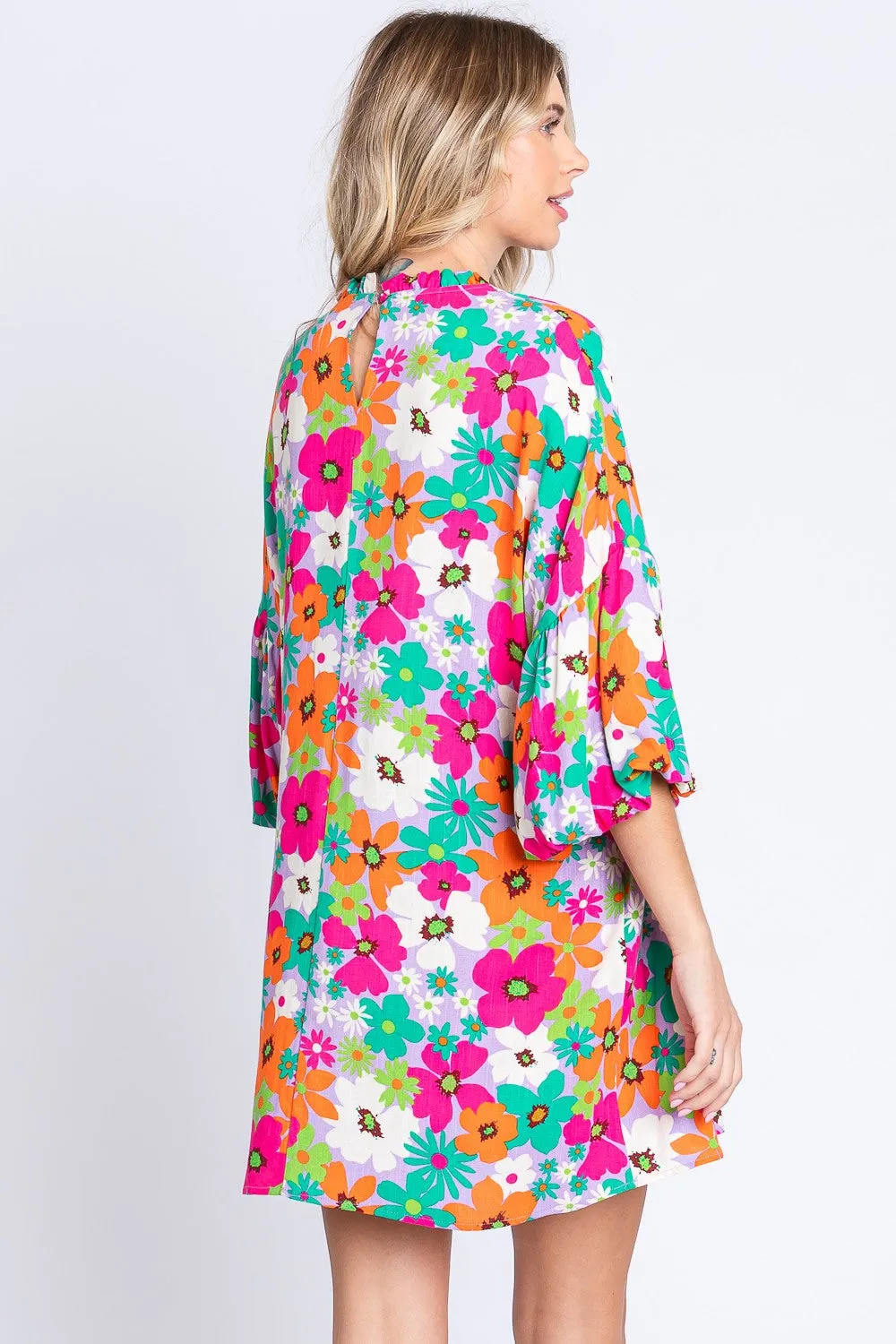 GeeGee Full Size Floral Round Neck Lantern Sleeve Mini Dress