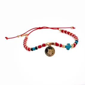 Gold Saint Michael Adjustable Glass Seed Beads Red Bracelet