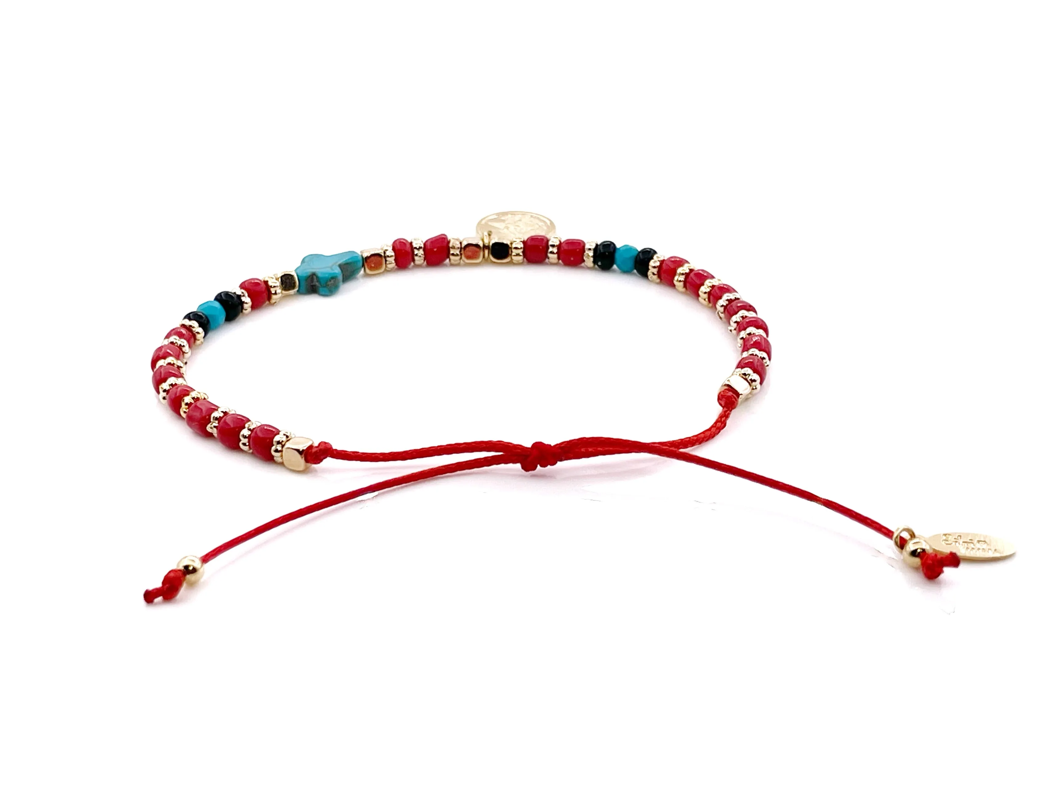 Gold Saint Michael Adjustable Glass Seed Beads Red Bracelet