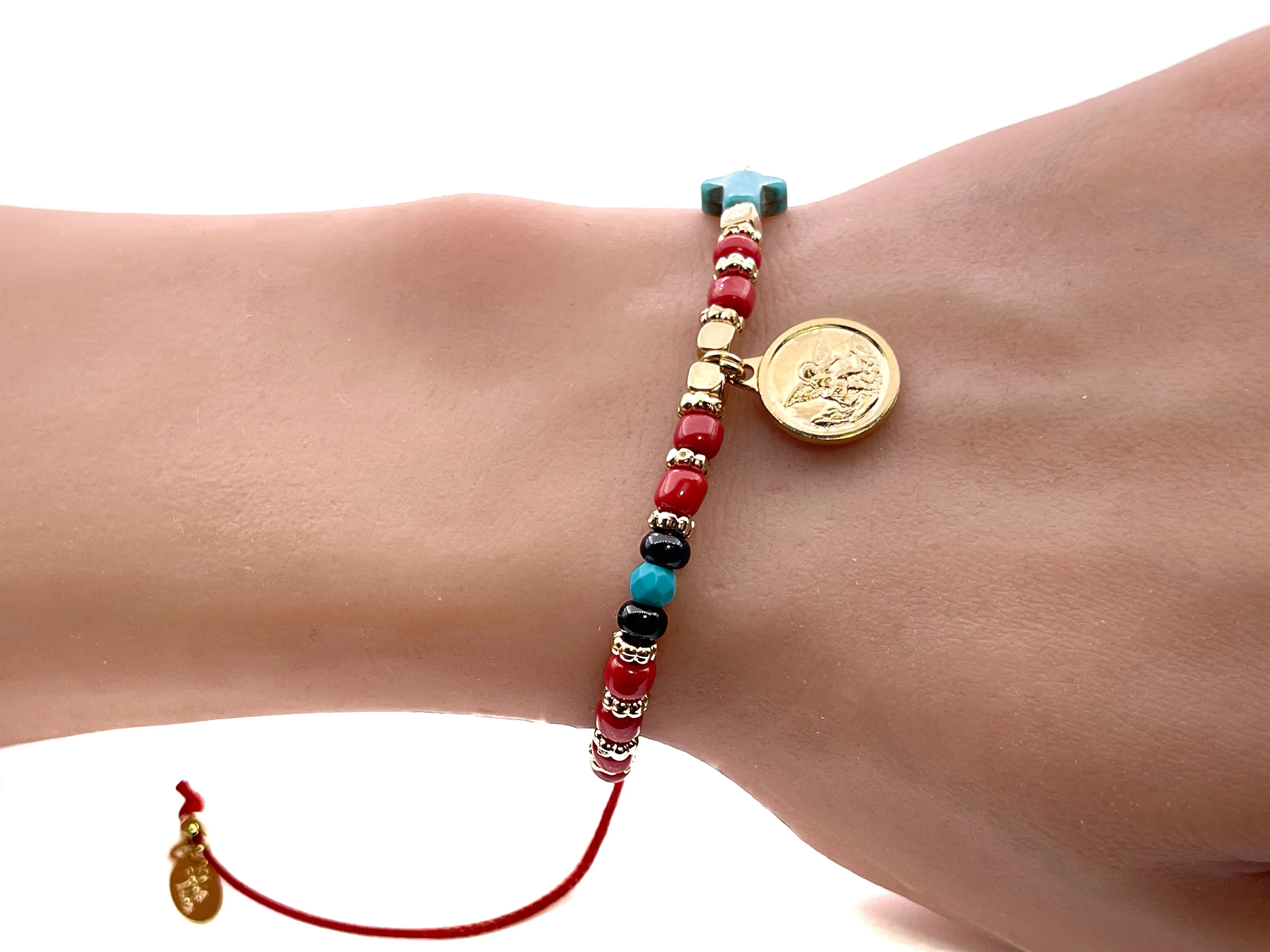 Gold Saint Michael Adjustable Glass Seed Beads Red Bracelet