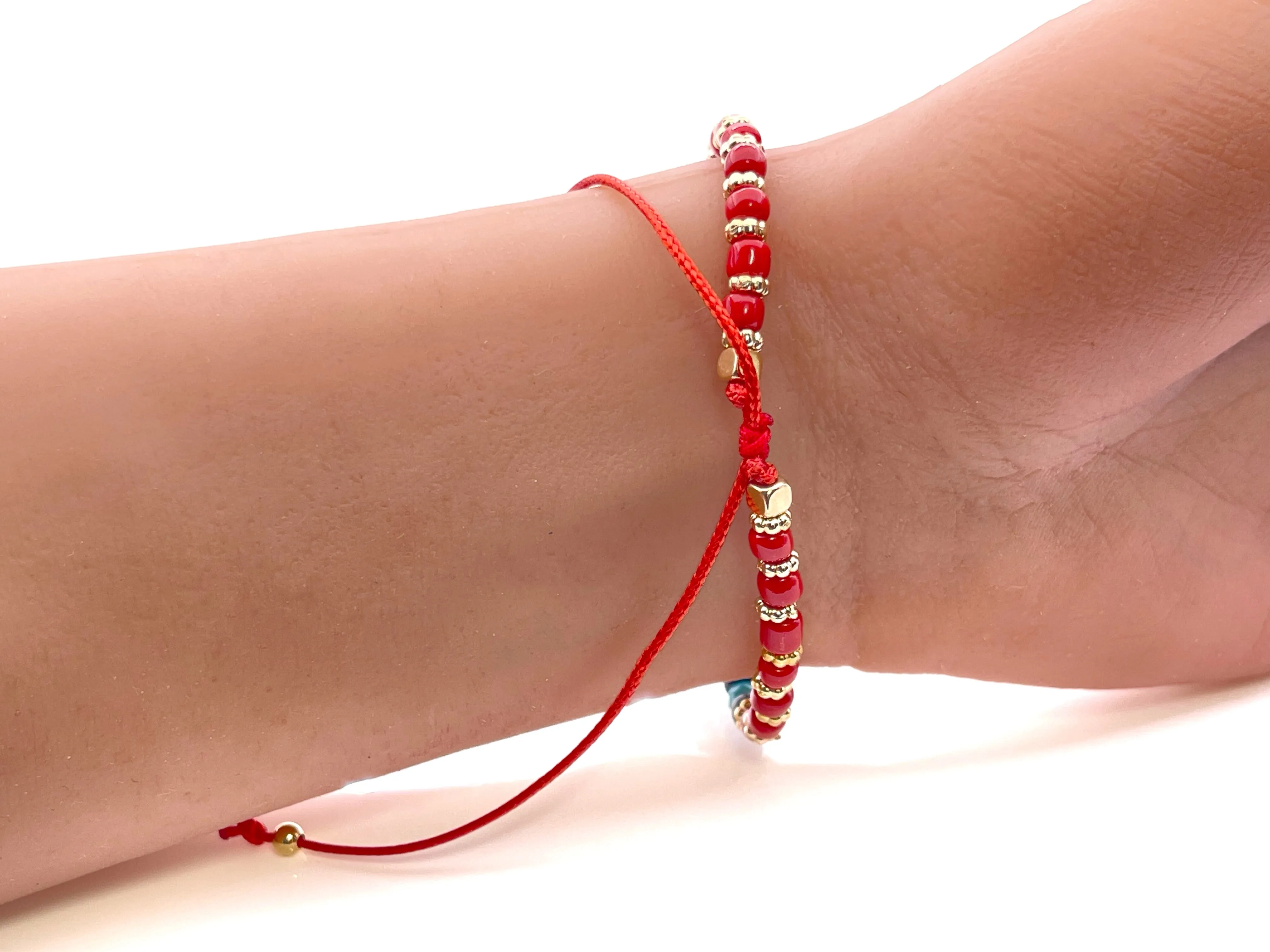 Gold Saint Michael Adjustable Glass Seed Beads Red Bracelet