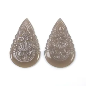 GRAY ONYX Gemstone Carving : 47.50cts Natural Color Enhanced ONYX Hand Carved Pear Shape 41*25mm Pair