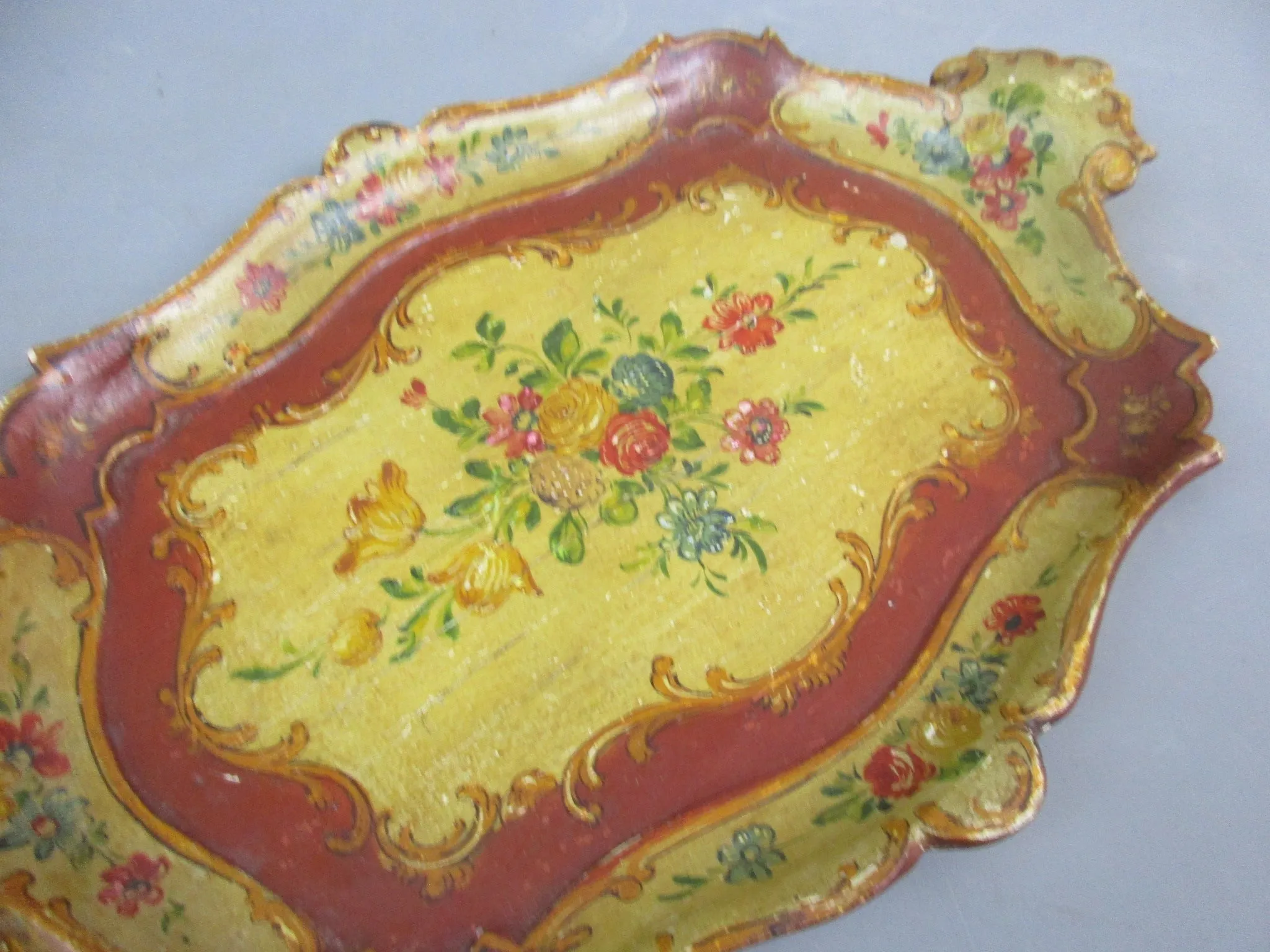 Hand Painted Red & Yellow Italian Floral Design Wooden Tray Antique c1860