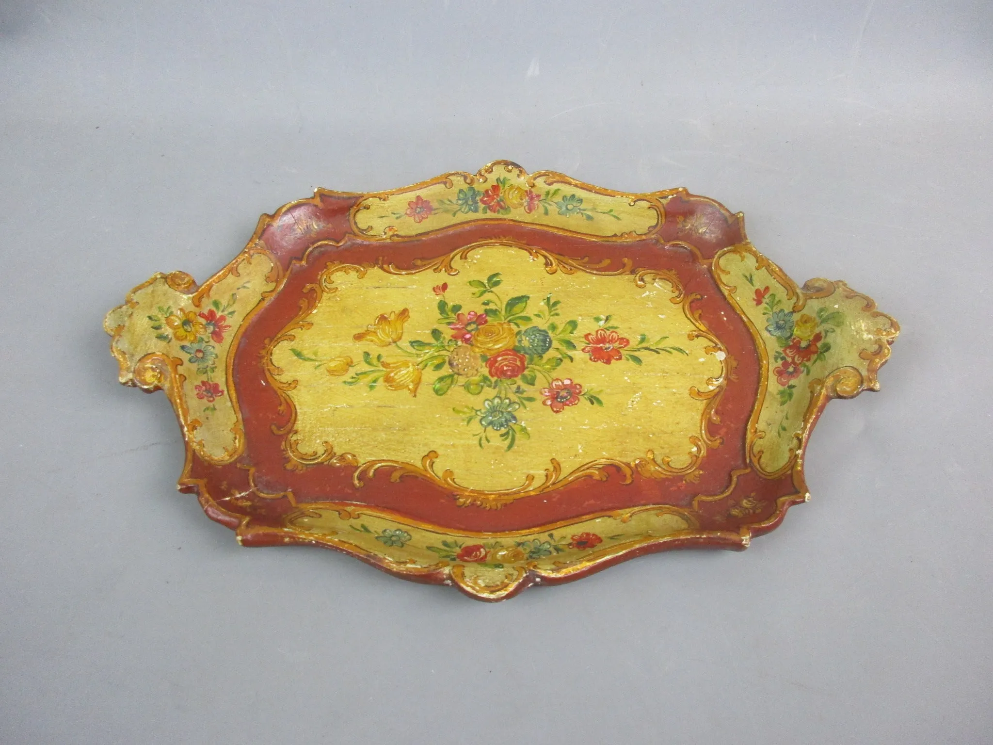 Hand Painted Red & Yellow Italian Floral Design Wooden Tray Antique c1860