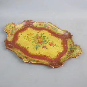 Hand Painted Red & Yellow Italian Floral Design Wooden Tray Antique c1860