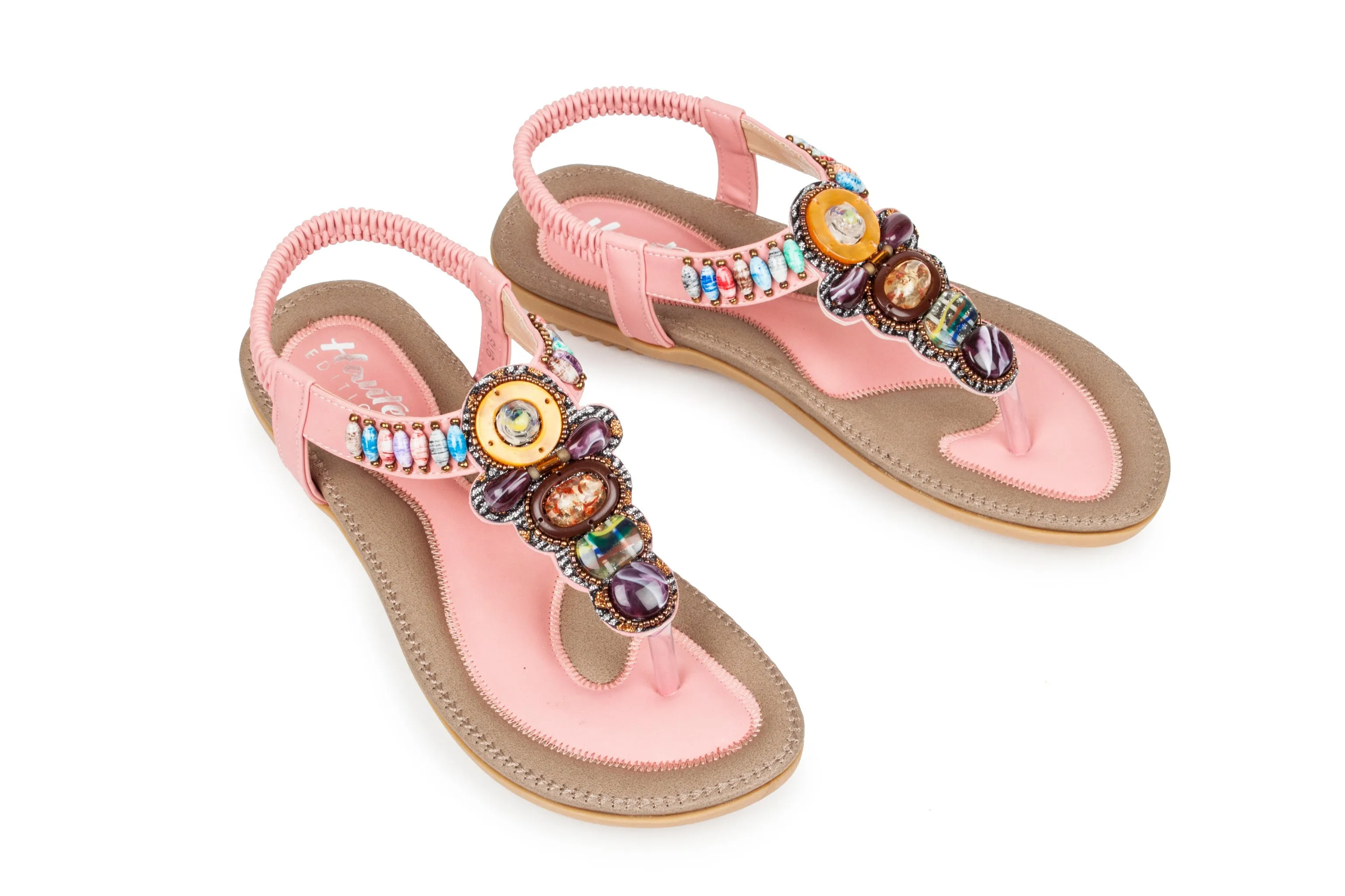 Haute Edition Women's Bohemian Beaded Elastic Slip on Comfort Sandals