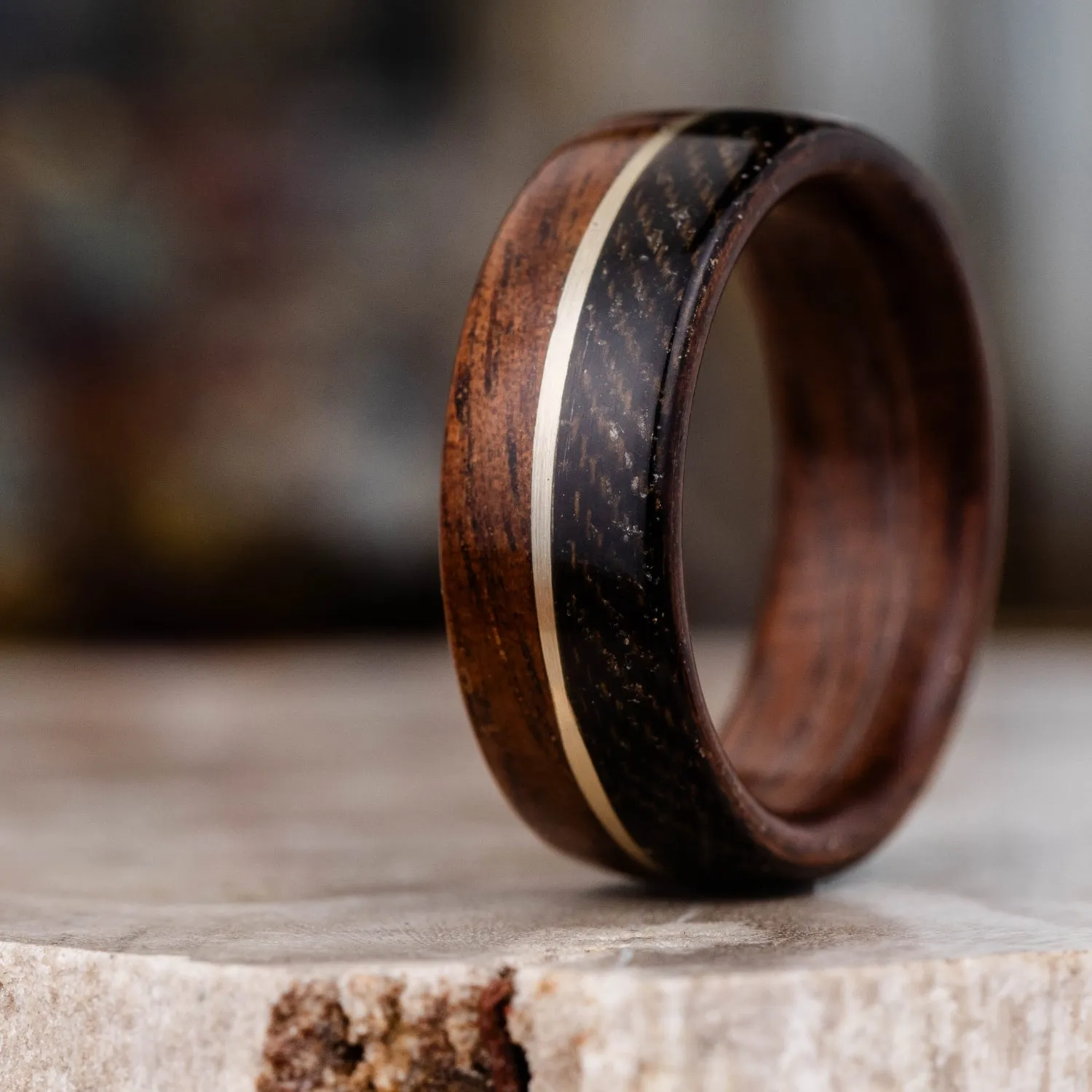 (In-Stock) The World War I Men's Rifle Stock Wood Wedding Band with WWI Uniform & Sterling Silver Inlay- Size 10 | 8mm Wide