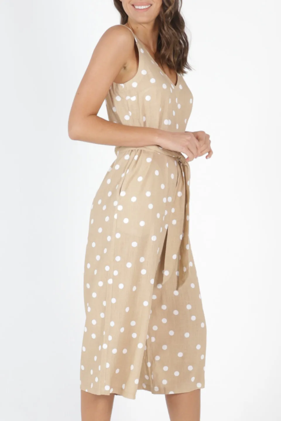 Joey Linen Blend Ecru Spot Strappy Jumpsuit