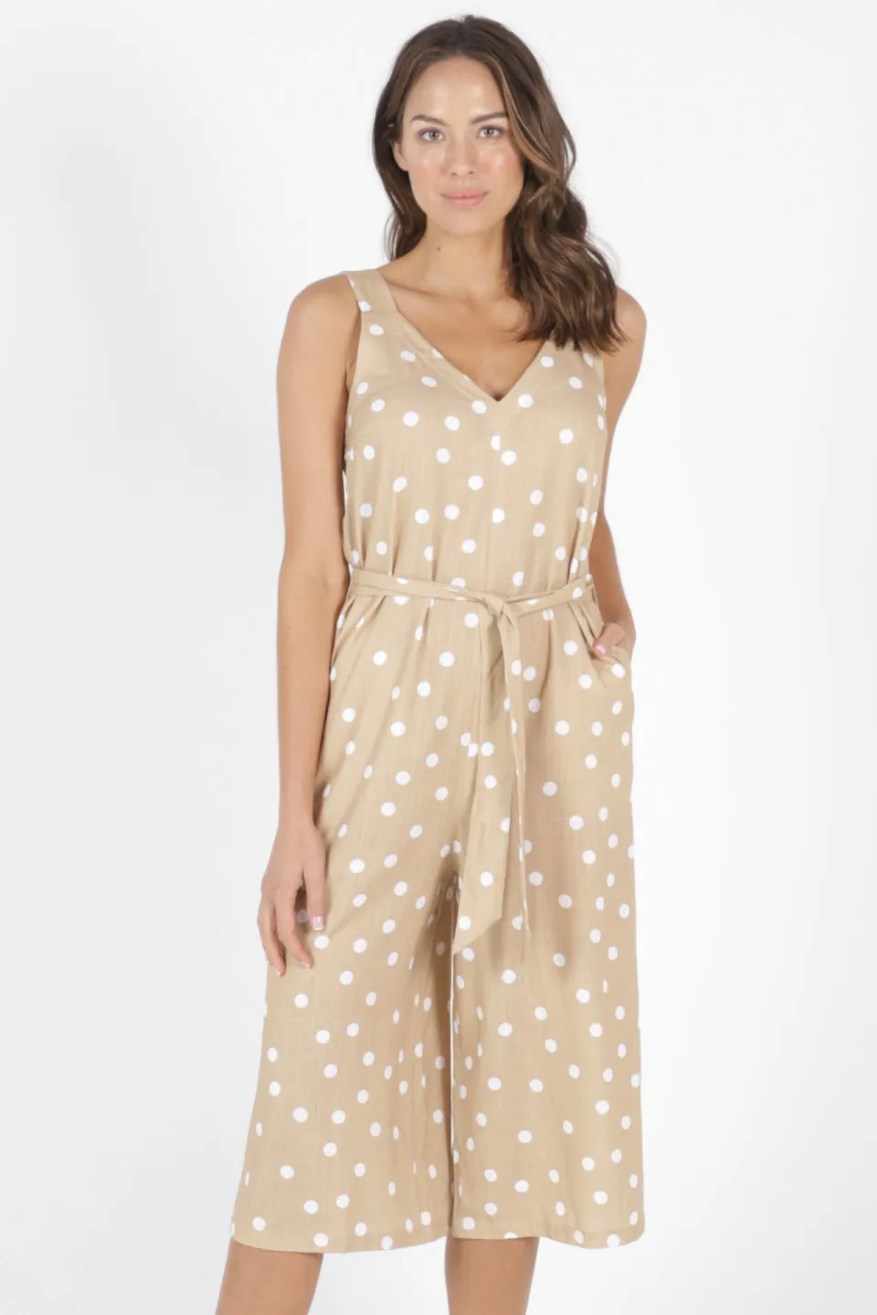 Joey Linen Blend Ecru Spot Strappy Jumpsuit