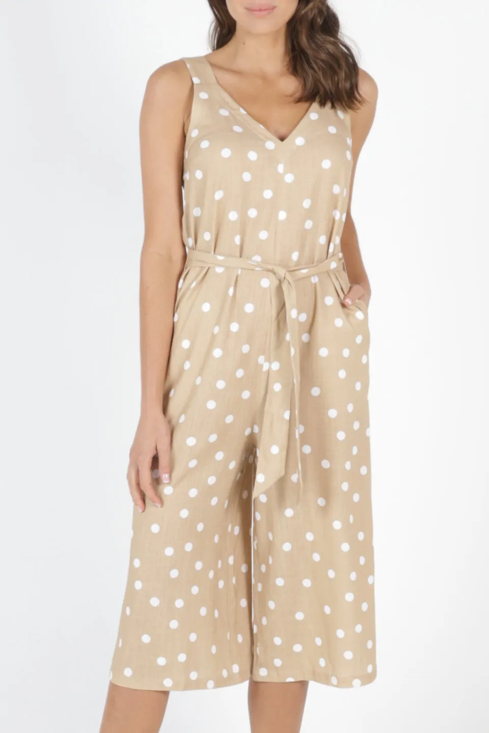 Joey Linen Blend Ecru Spot Strappy Jumpsuit