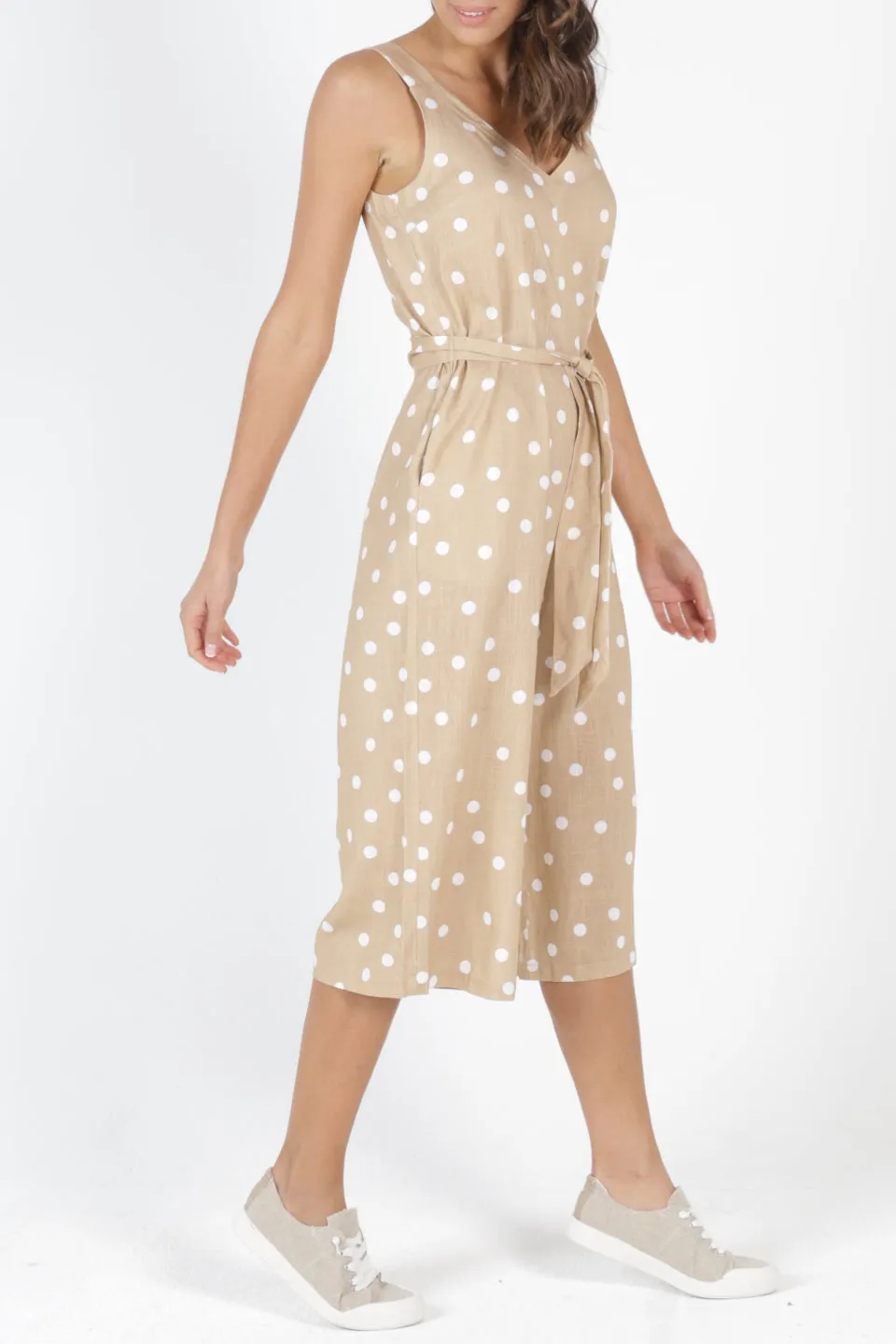 Joey Linen Blend Ecru Spot Strappy Jumpsuit