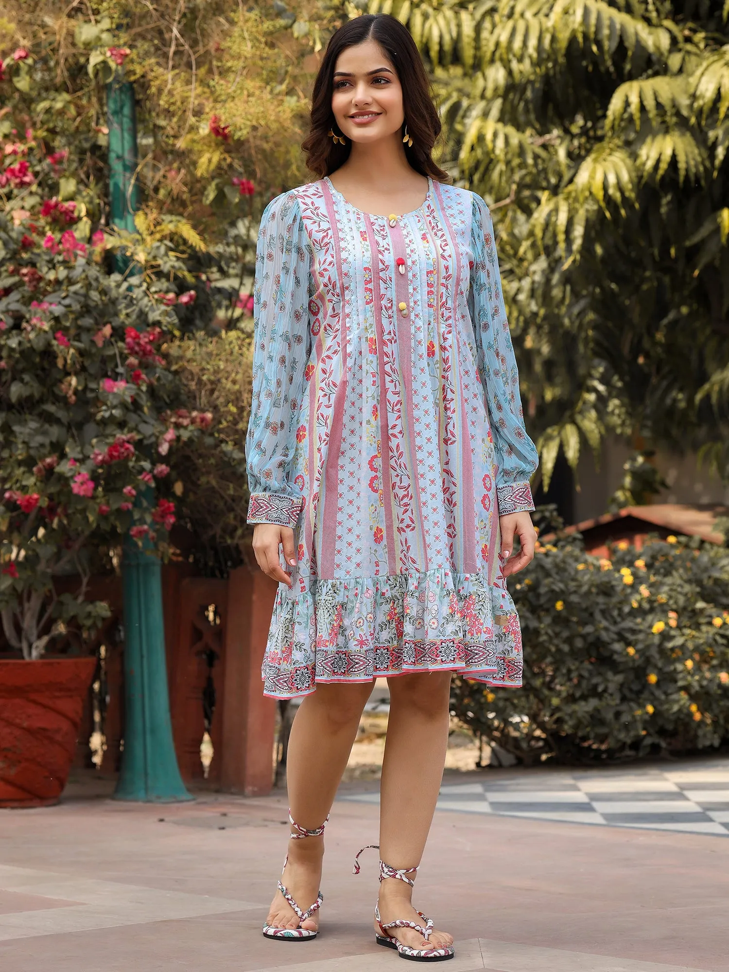 Juniper  Blue Floral Printed Pure Cotton Short Dress With Sequence Work