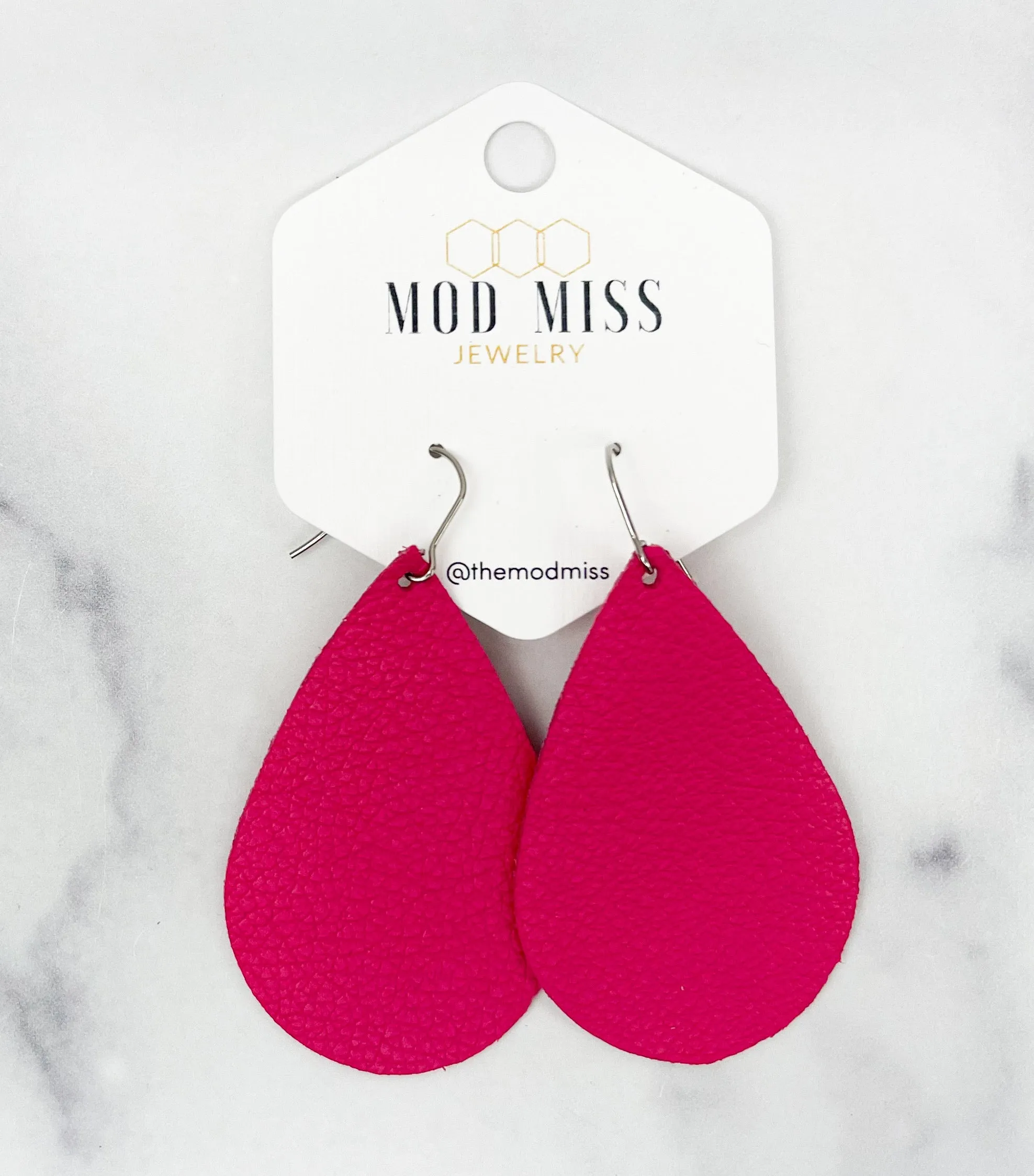 Leather Teardrop Earring Fuchsia Pink