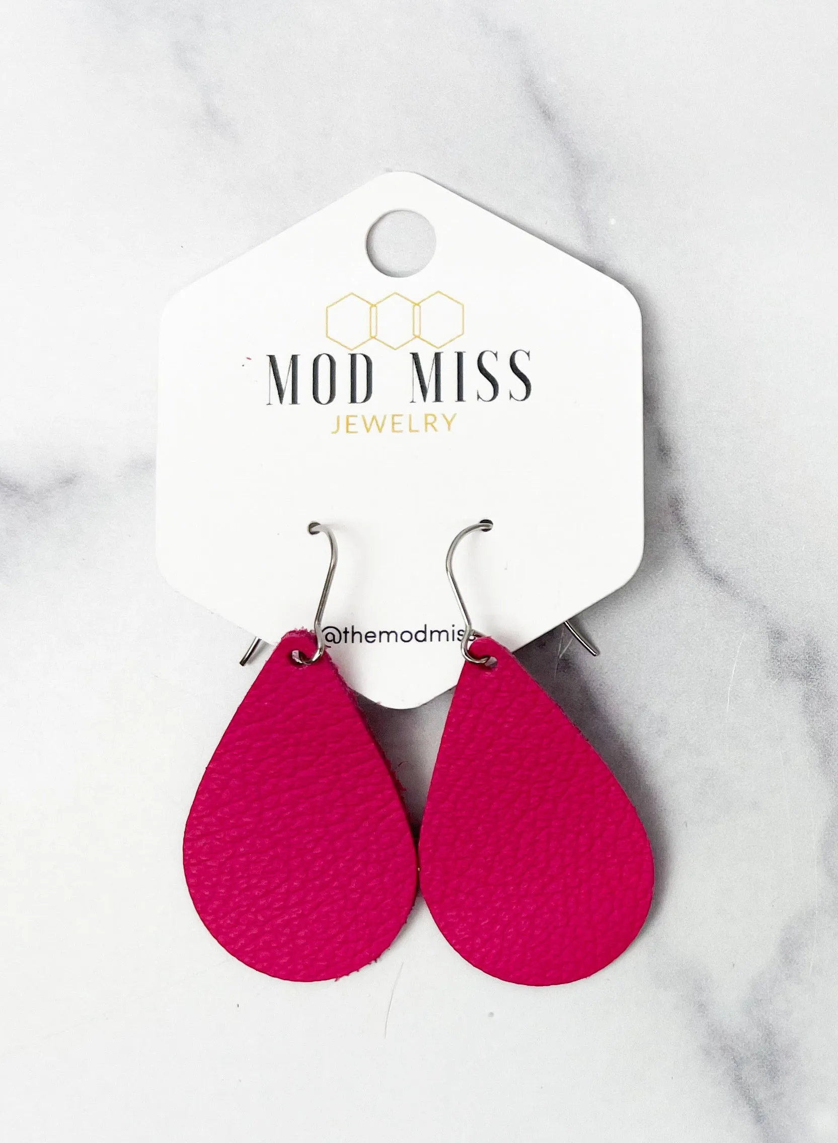 Leather Teardrop Earring Fuchsia Pink