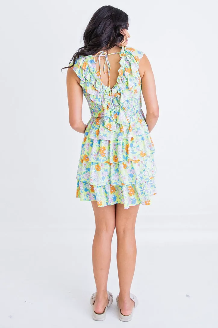 Lime Floral Vneck Tier Dress