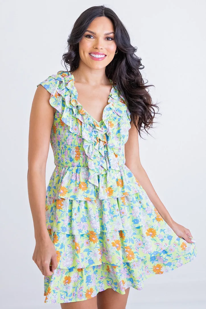 Lime Floral Vneck Tier Dress