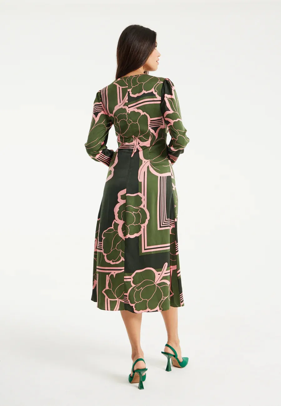 Liquorish Geometric Floral Knot Front Midi Dress