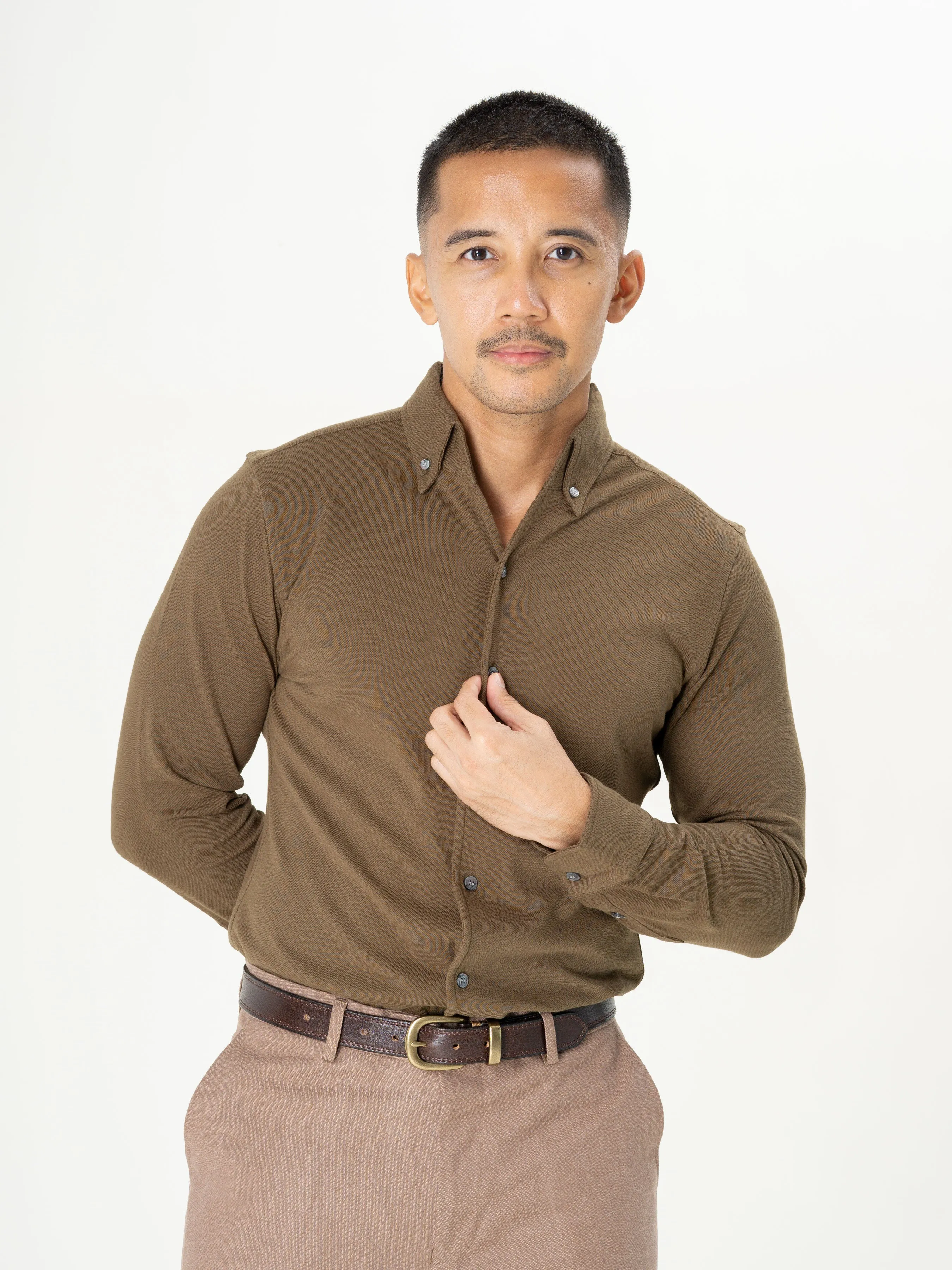 Long Sleeve Polo Shirt - Olive Green Button Down