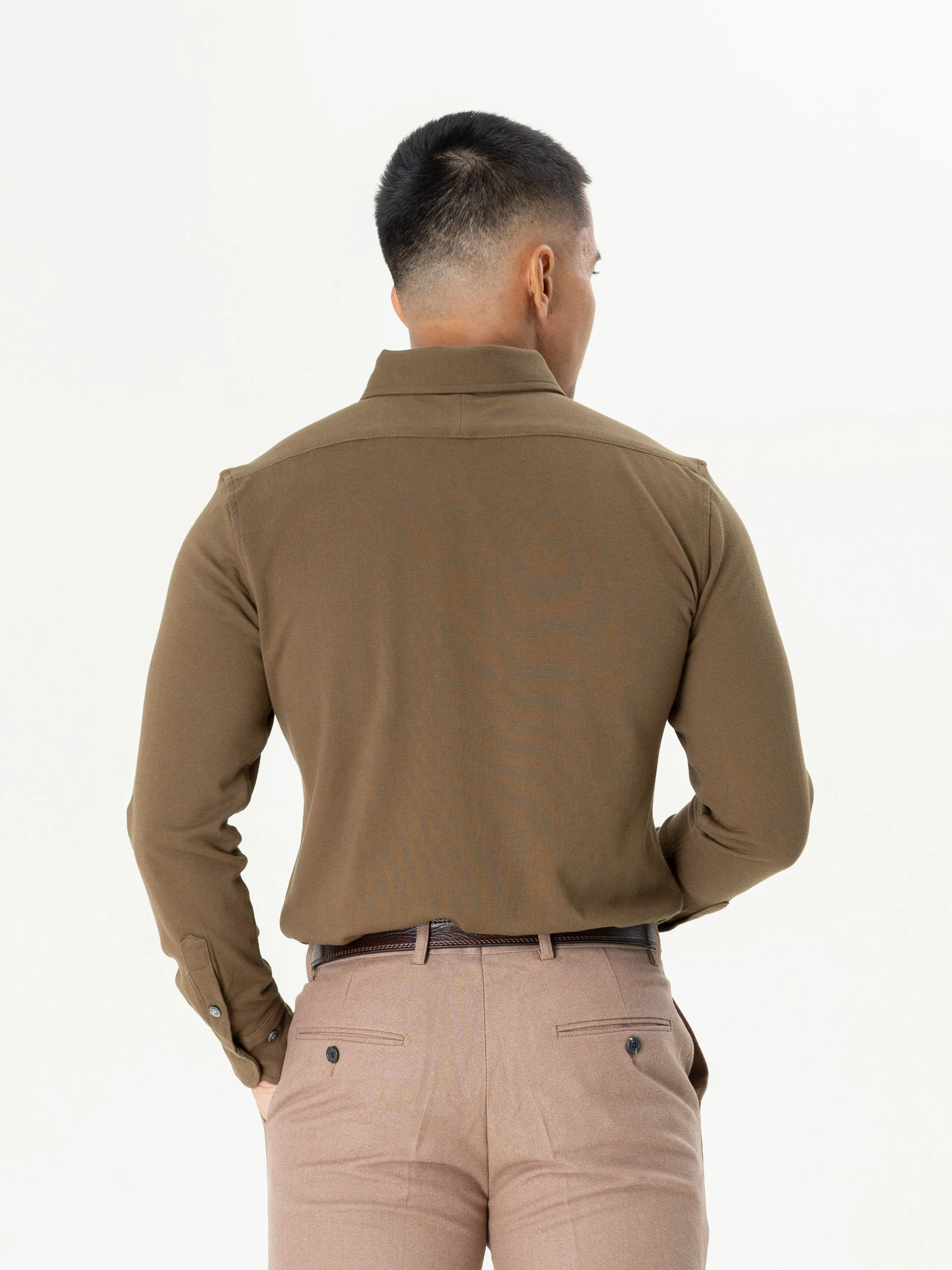 Long Sleeve Polo Shirt - Olive Green Button Down