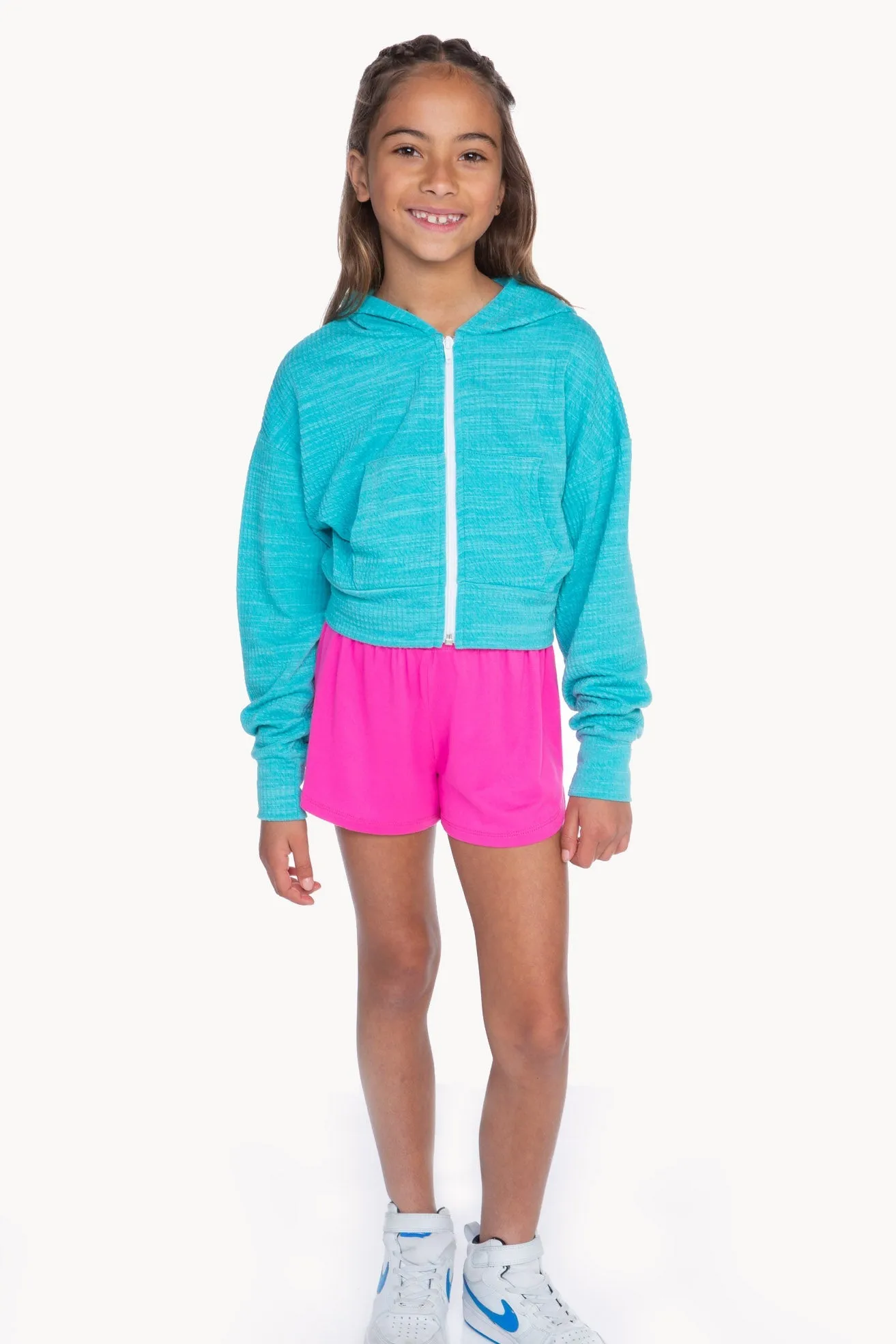 Luxe Ribbed Drop Shoulder Cropped Zip Hoodie - Pop Turquoise