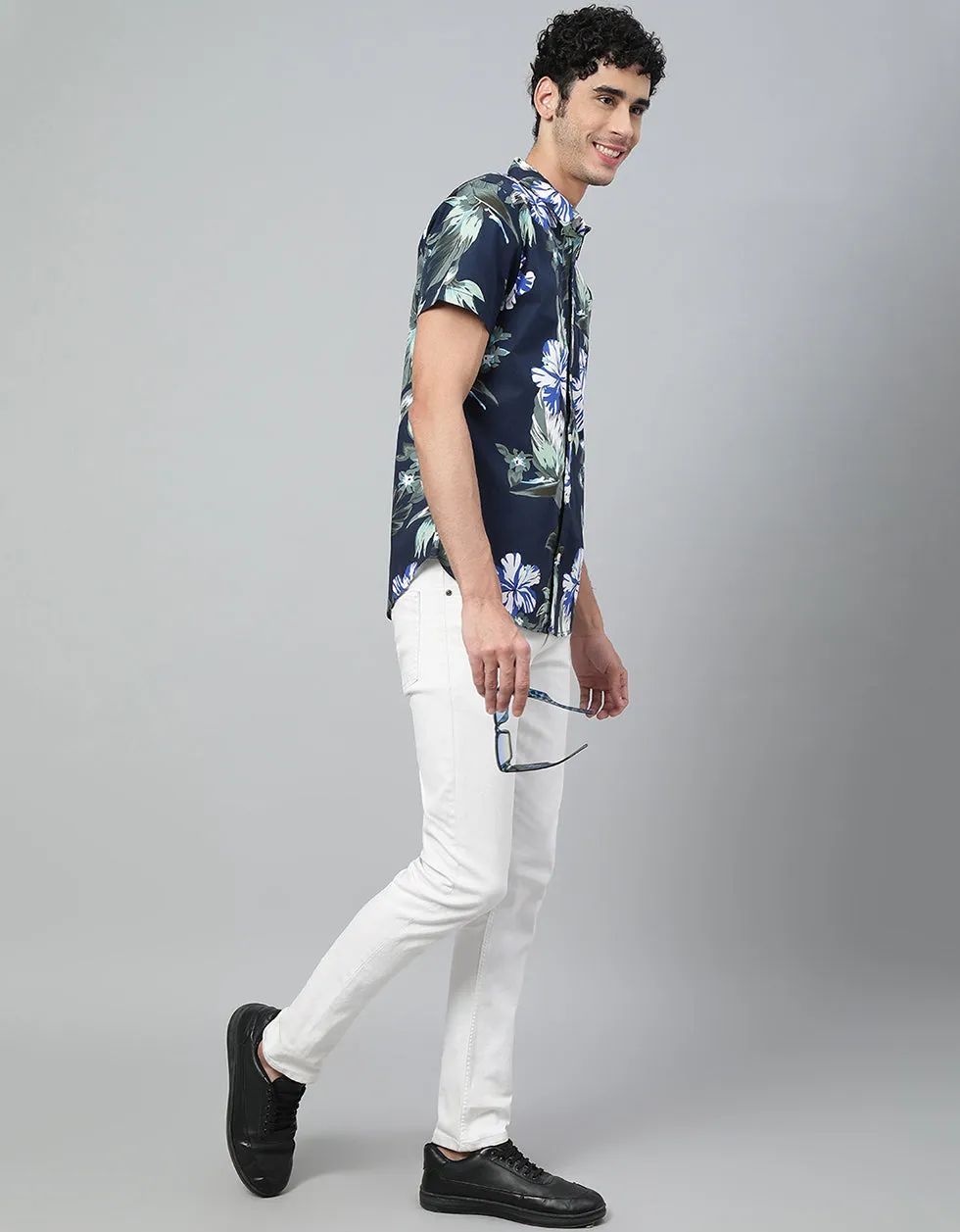 Navy Floral Printed CasualShirt