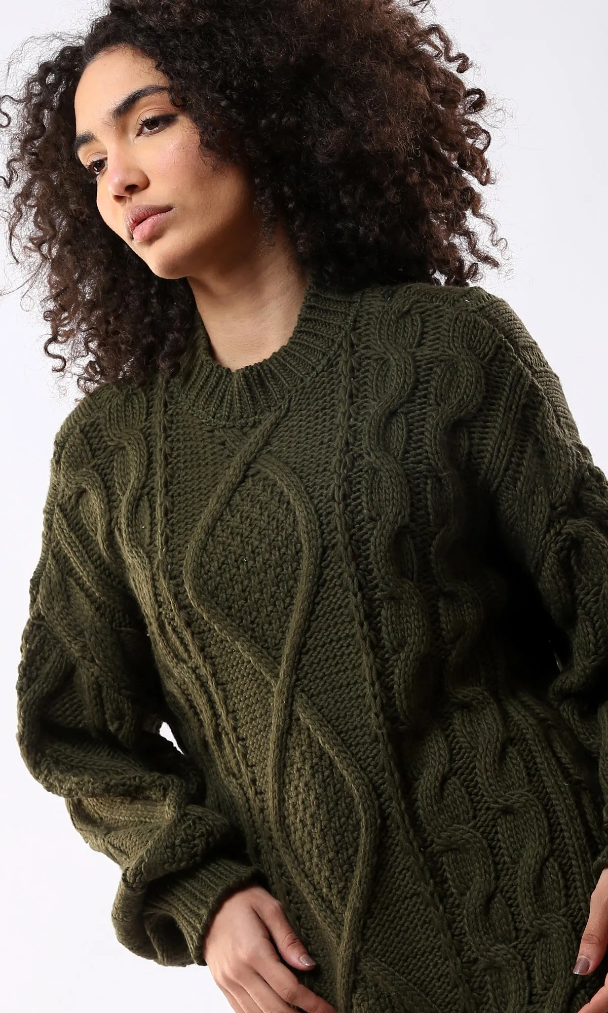 O168920 Mock Neck Knitted Dark Olive Long Pullover